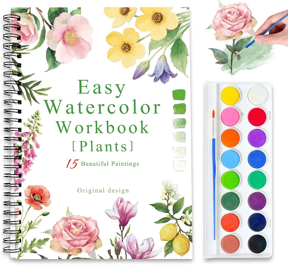 Livros de exercícios em aquarela, conjunto de 16 cores para adultos, livro de colorir em aquarela para iniciantes, livro de colorir de aquarela, 15 belas pinturas para iniciantes (plantas)