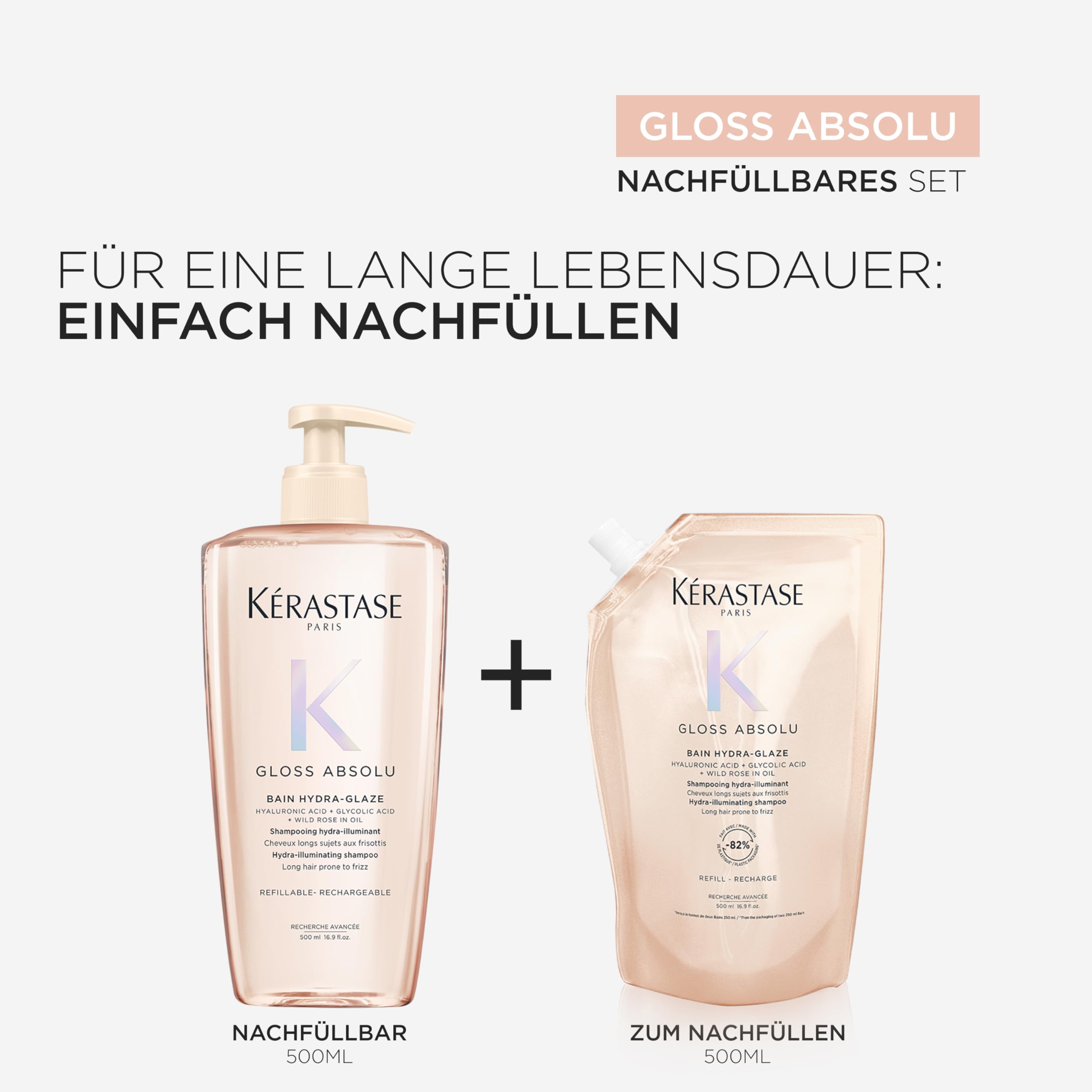 Kérastase Gloss Absolu Pflegeset mit Bain Hydra-Glaze Shampoo (2x500ml), Ideal zum Nachfüllen. Für langes, zu Frizz neigendes Haar, Mit Hyaluronsäure, Glykolsäure und Wildrosenöl, Für Glanz & Volumen
