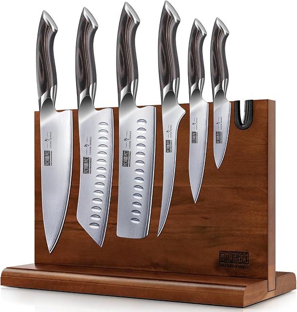 HOSHANHO Ensemble de 7 Couteaux de Cuisine, Ensemble de Couteaux Magnétiques en Acier Inoxydable Japonais à Haute Carbone, Couteaux de Chef Ultra Tranchants avec Poignée Ergonomique en Pakkawood