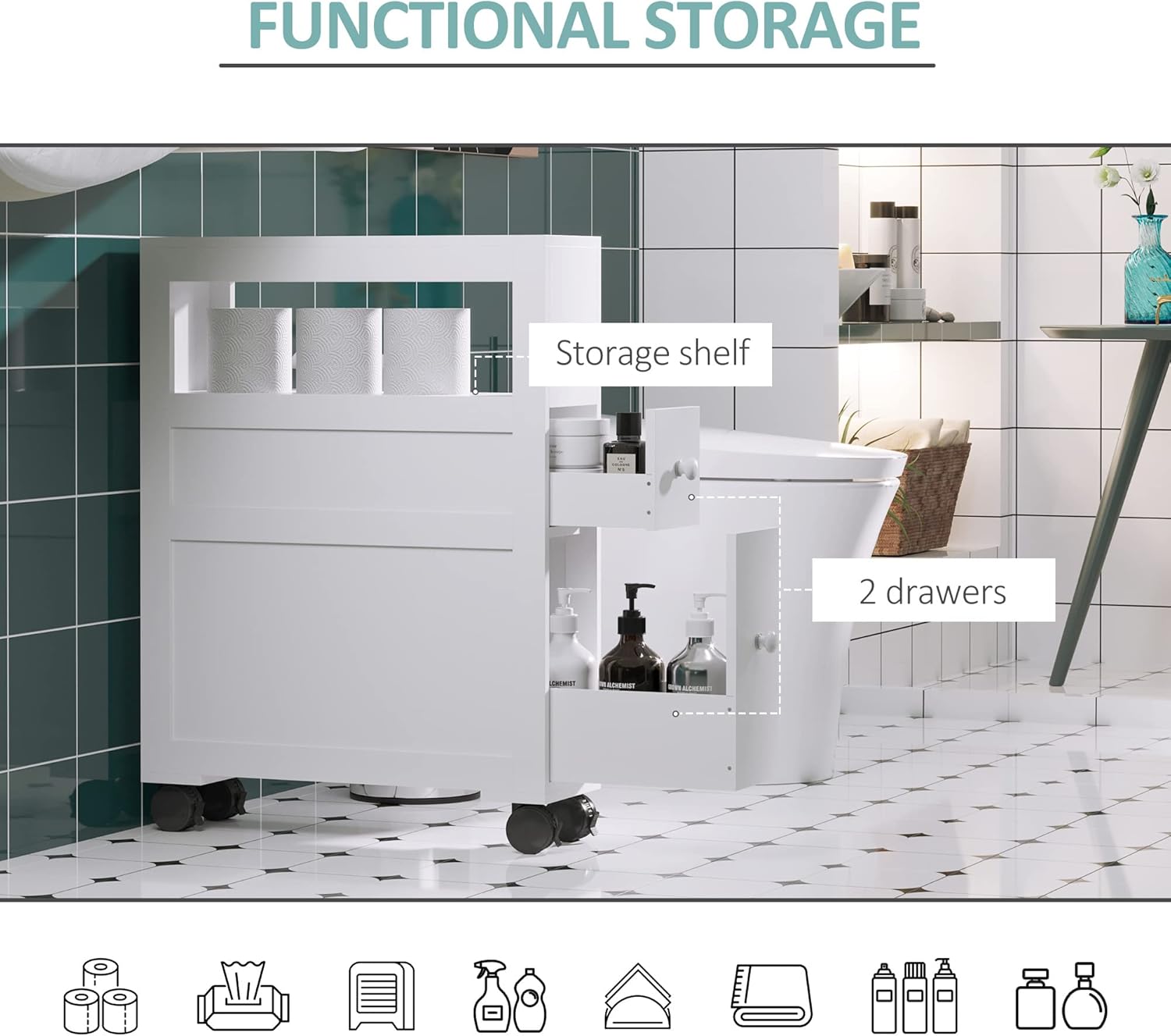 HOMCOM 6.25" x 20.5" x 28.25" Wood Rolling Narrow Bathroom Side Storage Cabinet - White