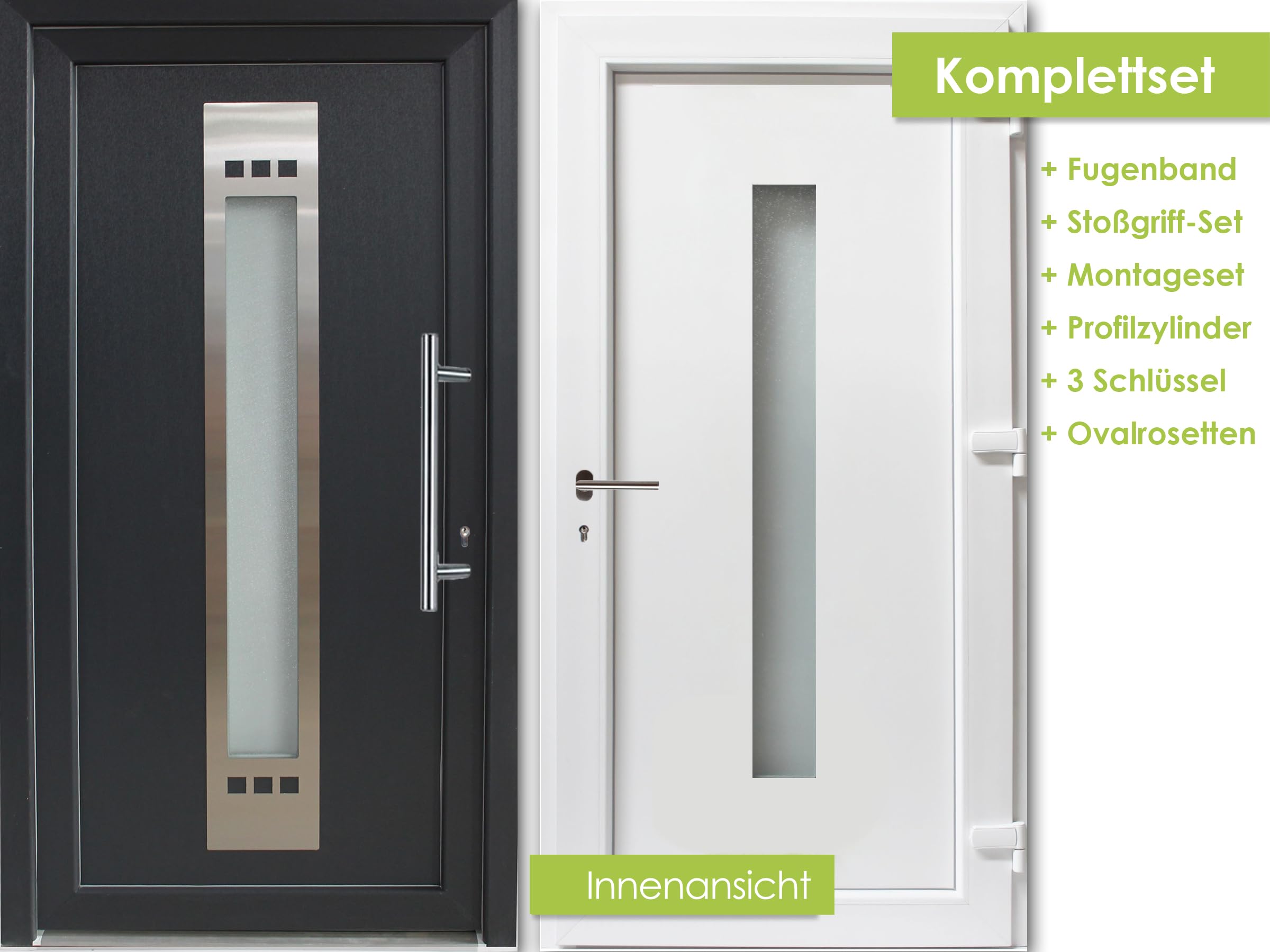 kuporta Kunststoff Haustür Santana Türen 108 x 200 cm DIN links außen anthrazit/innen weiß mit Stoßgriff-Set Montageset Fugendichtband