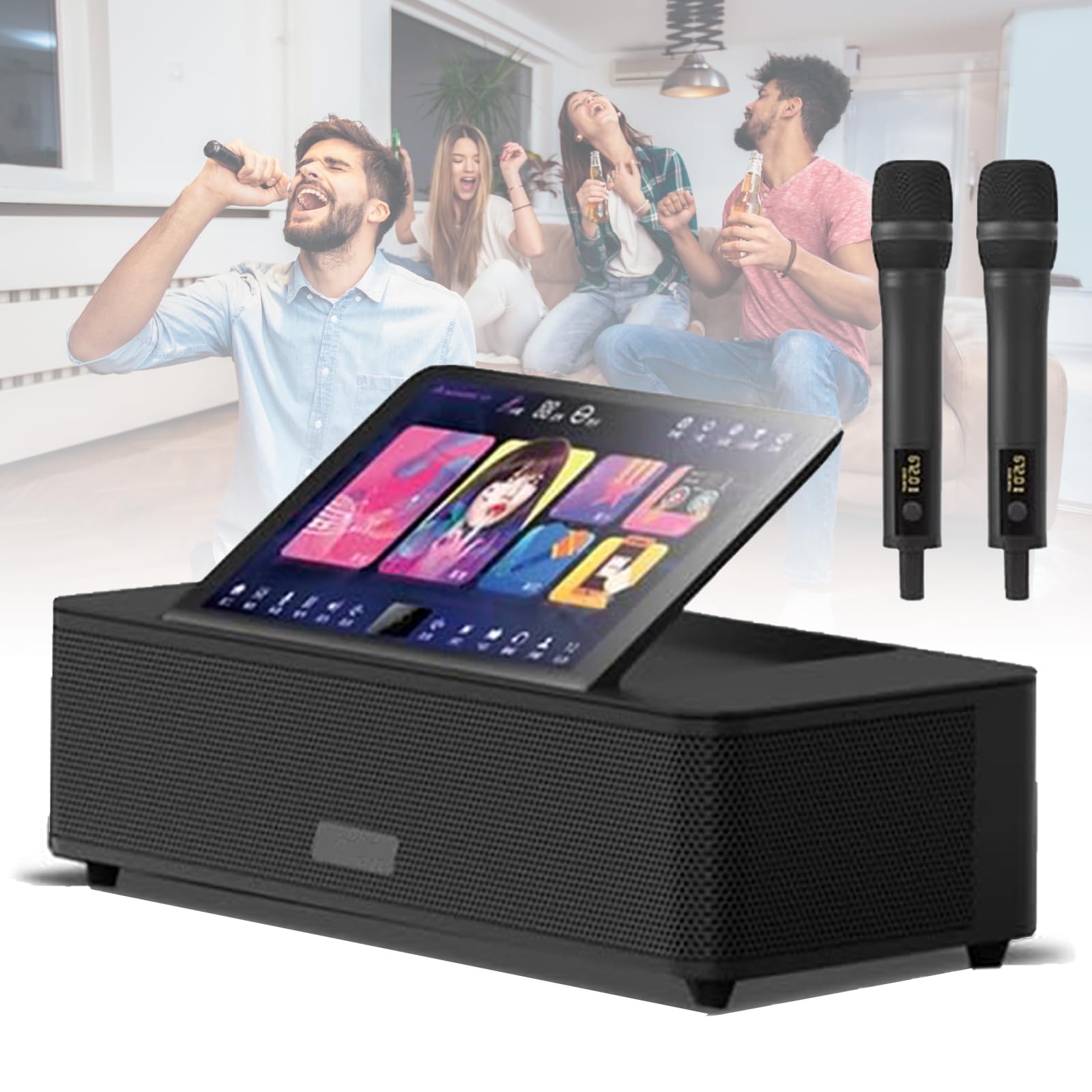 Máquina de karaoke, sistema de sonido de pantalla táctil de 14 pulgadas con 2 micrófonos inalámbricos, pantalla de letras, reproductor multimedia portátil, Bluetooth, salida HDMI, grabación