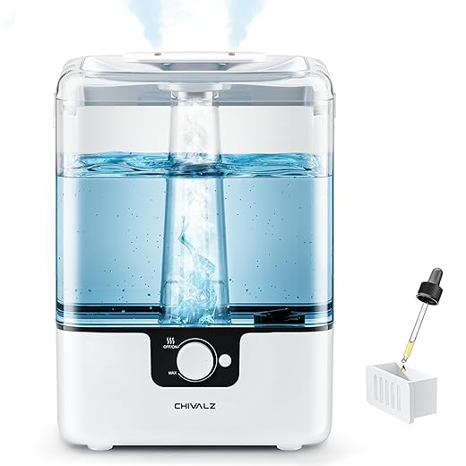 CHIVALZ Humidifiers for Bedroom Large Room Home, 6L Cool Mist Humidifier for Baby and Plant, Oil Diffuser, Top Fill Humidifier with Night Light, Quiet 26dB, Up to 50H, White 1Pack
