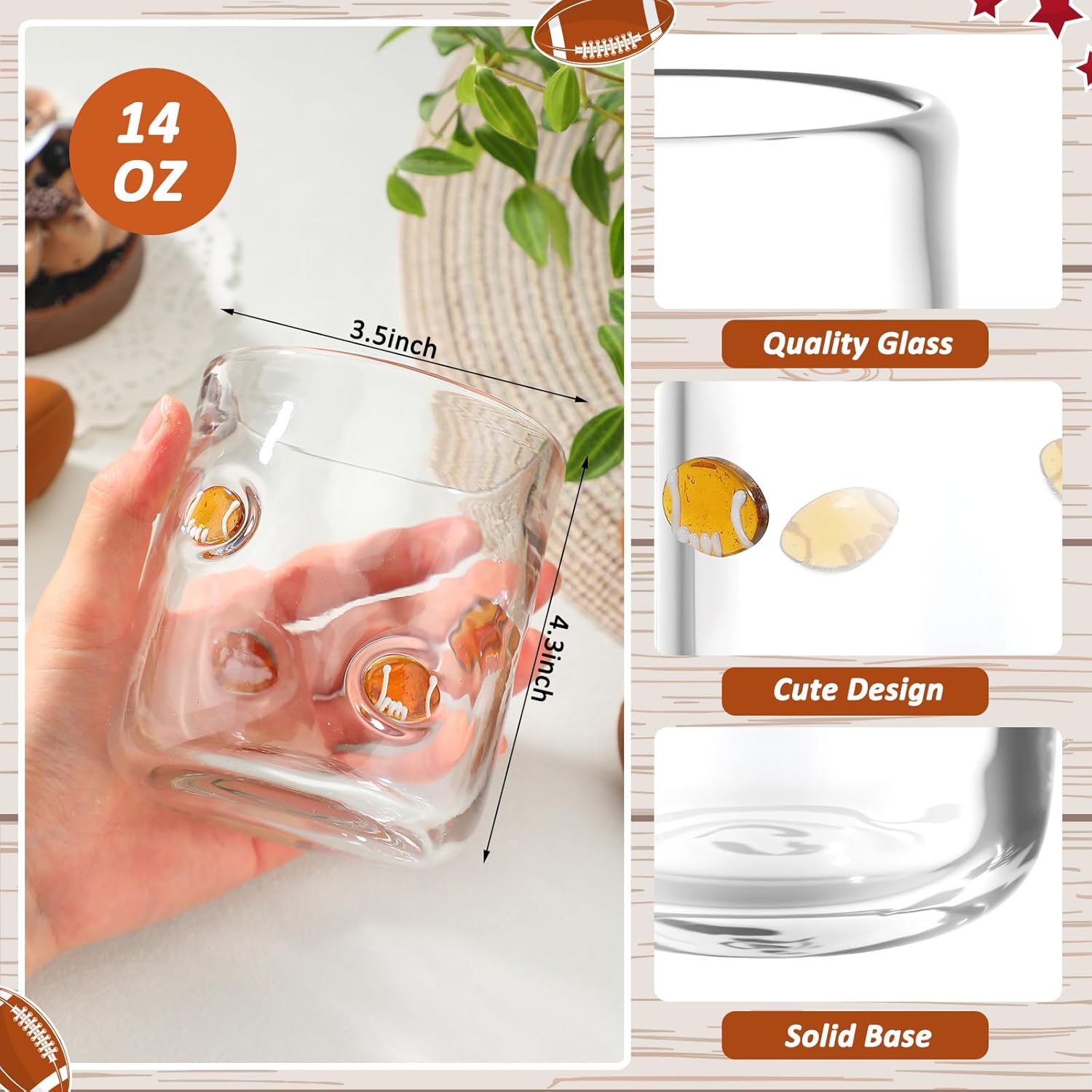 Icon Juice Glasses, 14oz Stemless Wine Drinking Juice Glass Cup for Valentine Party Supplies Gift(2 Pcs,Football) - Image 3