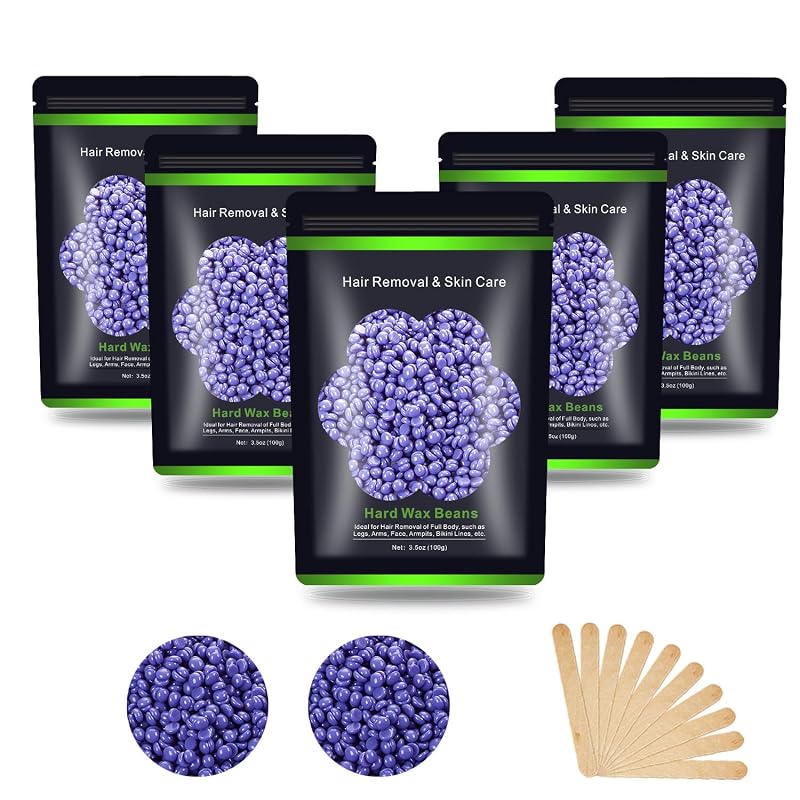 Auperwel Kit de Depilação com Cera em Pérolas, 500 g, 5 Pacotes e 10 Palitos