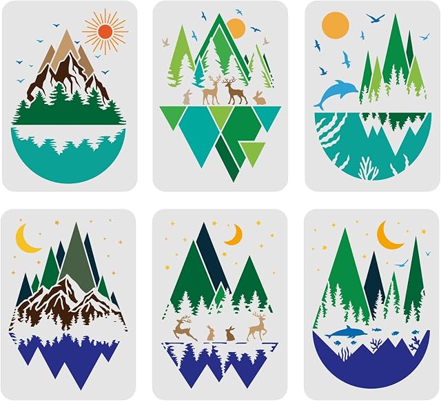 FINGERINSPIRE 6 Pcs Mountains Stencils Template 29.7x21cm Plastic Forest Landscape Painting Stencils Mountains Moon Sun Deer Dolphin Pattern Reusable Stencils for Painting on Wood Floor Wall and Tile