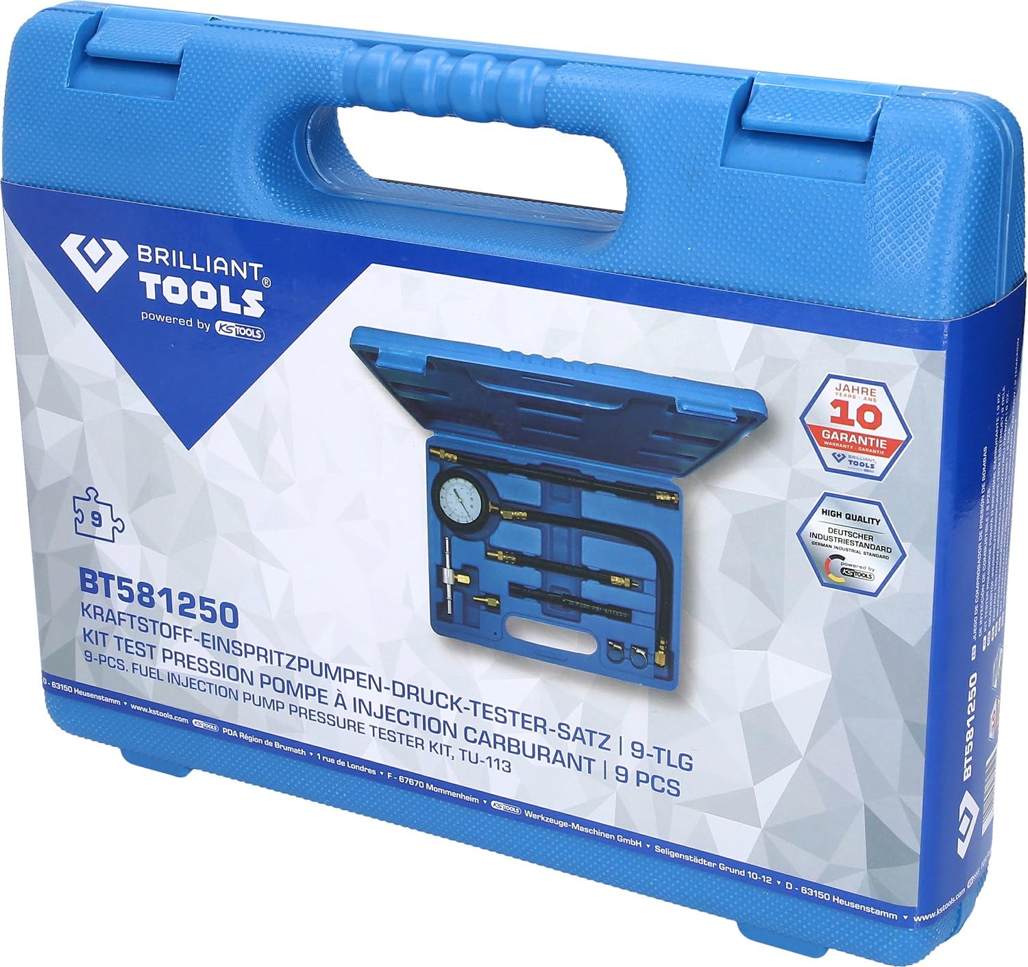 BRILLIANT TOOLS BT581250 Kit tester pressione pompa d'iniezione carburante, 9 pz [Powered by KS TOOLS]