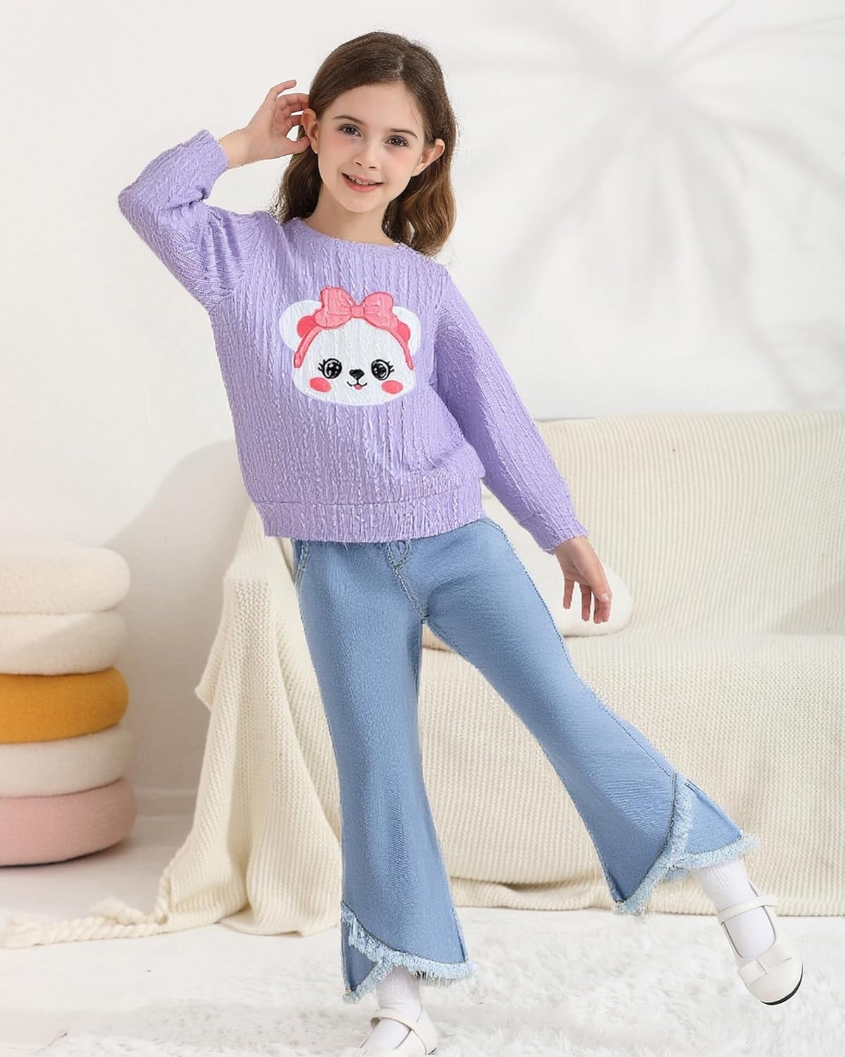 Toddler Girl Clothes Sets: 2 Piece Long Sleeve Ribbed Tops Bell Bottoms Jeans Pants Sets Fall Winter Outfit 2-8 Years - Image 6