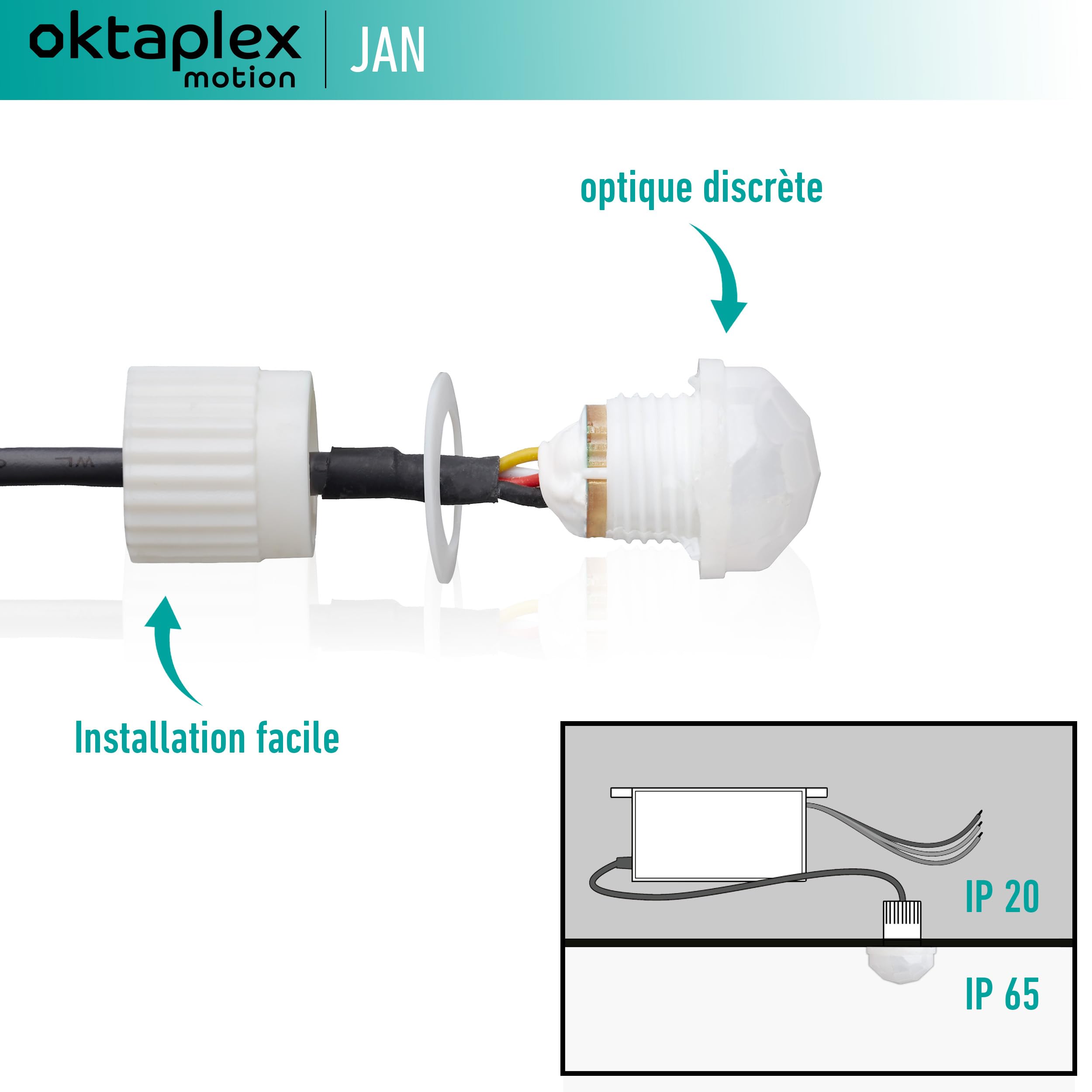 Oktaplex motion 2X Jan Détecteur de Mouvement extérieur & intérieur IP65/IP20 360° Capteur Infrarouge Petit 8 m portée 230 V avec capteur crépusculaire Blanc Mat