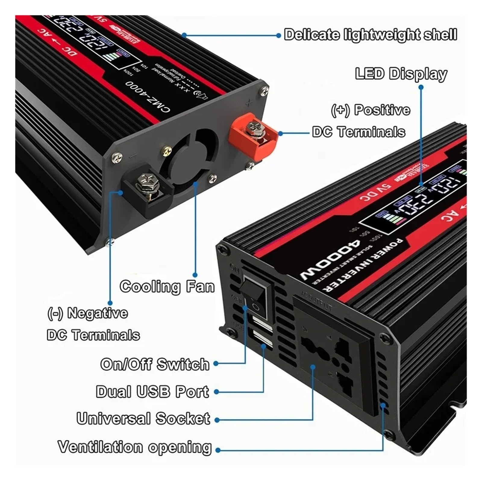 Falownik Mocy, Falownik solarny 4000 W DC 12 V do AC V/V Modyfikowany czysty sinusoidalny przetwornik napięcia Transformator samochodowy(Rood)