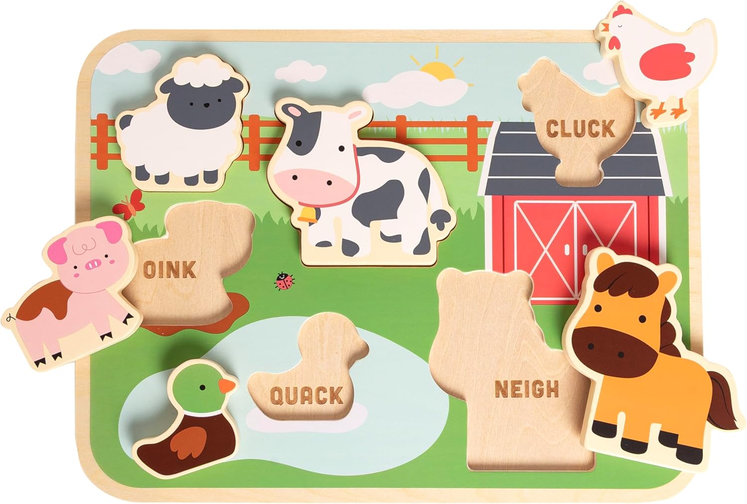 Pearhead Wooden Barn Puzzle, Farm Animal Learning Puzzle for Toddlers, Learn Animal Sounds Pegged Puzzle, Montessori Educational Toy