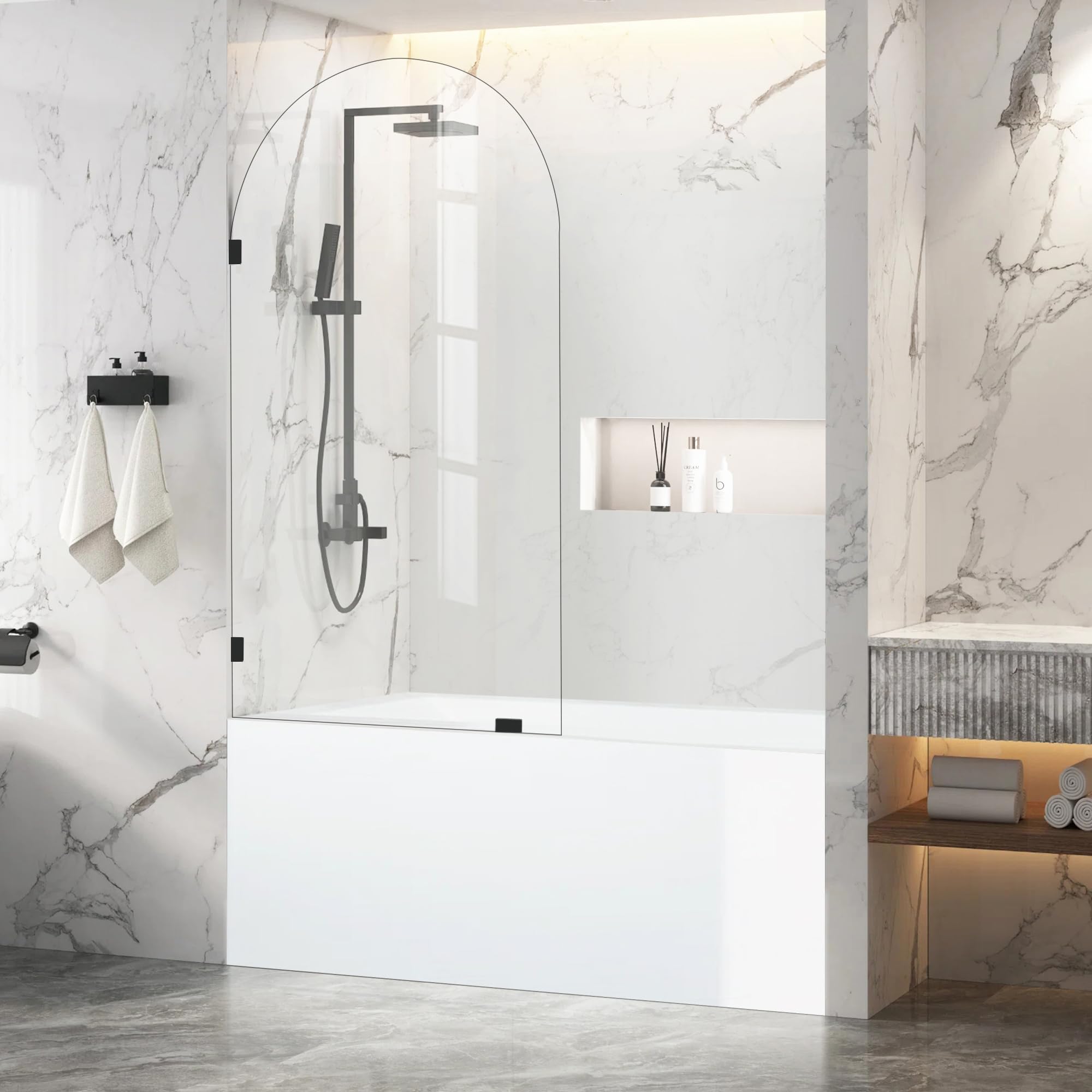 34" w x 58” h tub shower door, frameless bathtub glass shower door with clamps, 5/16"(8mm) clear tempered glass bathroom shower screen single fixed bath panel in matt black