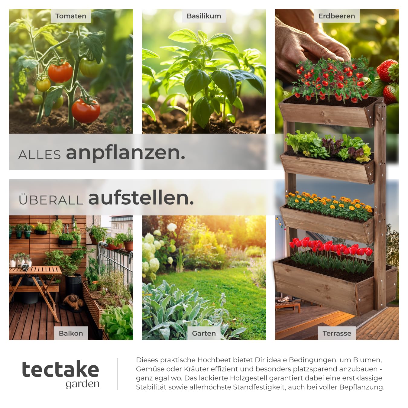 tectake® Vertikalbeet mit 4 Etagen, Hochbeet aus Holz, Pflanztreppe, Hochbeet Balkon, Blumenbeet, Kräuterbeet, Gemüsebeet, Pflanzenregal, Blumenkasten Holz mit Pflanzvlies - braun, 85 x 45 x 140 cm