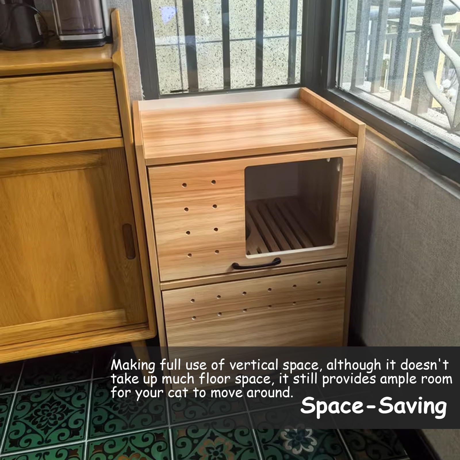 Katzenklo Schrank, 2-in-1-Katzenhaus aus Holz for den Innenbereich mit Katzenstreu-Abflussdesign, for Wohnzimmer, Schlafzimmer, Balkon