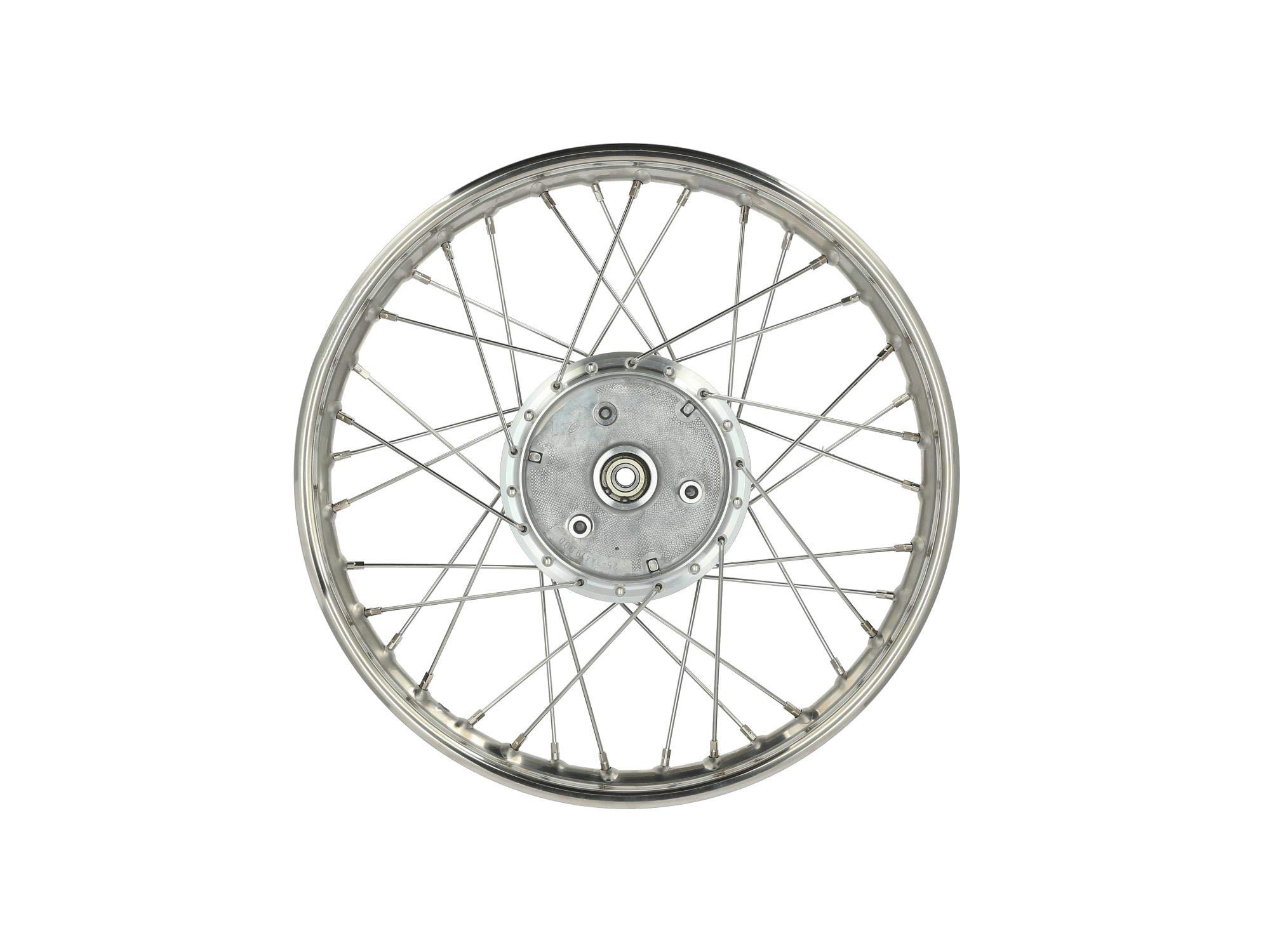 SIMSON Speichenrad 1,5x16 Zoll - Edelstahlfelge + Edelstahlspeichen (Radnabe: Graugussbremsring, abgedrehte Flanken)
