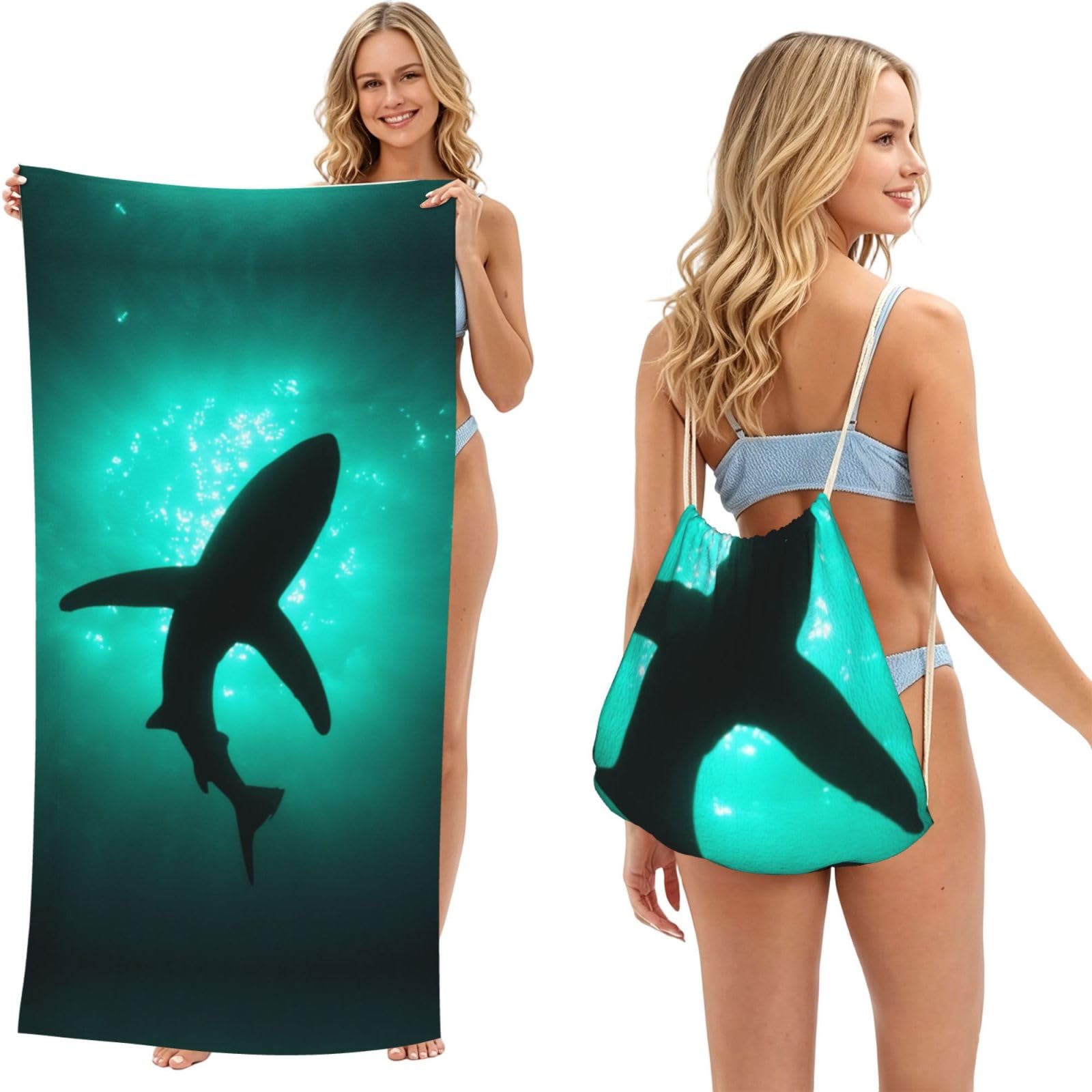 ESNAIUVCD Undersea Black Whales Print Beach Towel For Adults,Towel With Drawstring Bag, Travel Pool Swimming Sports Shower Sand Free Quick Dry Bath Towel For Pool, Beach, Yoga- 180x60cm