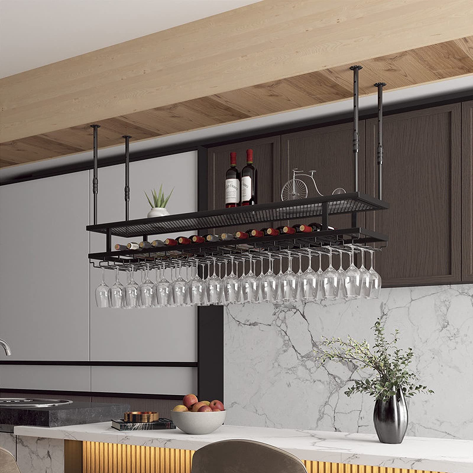BTZHY Portabottiglie,Mensola da soffitto Industriale da Appendere con Supporto in Vetro, portabicchieri da Vino Regolabile da Bar a soffitto, mensola Galleggiante a 2 Livelli, per Esposizione, con