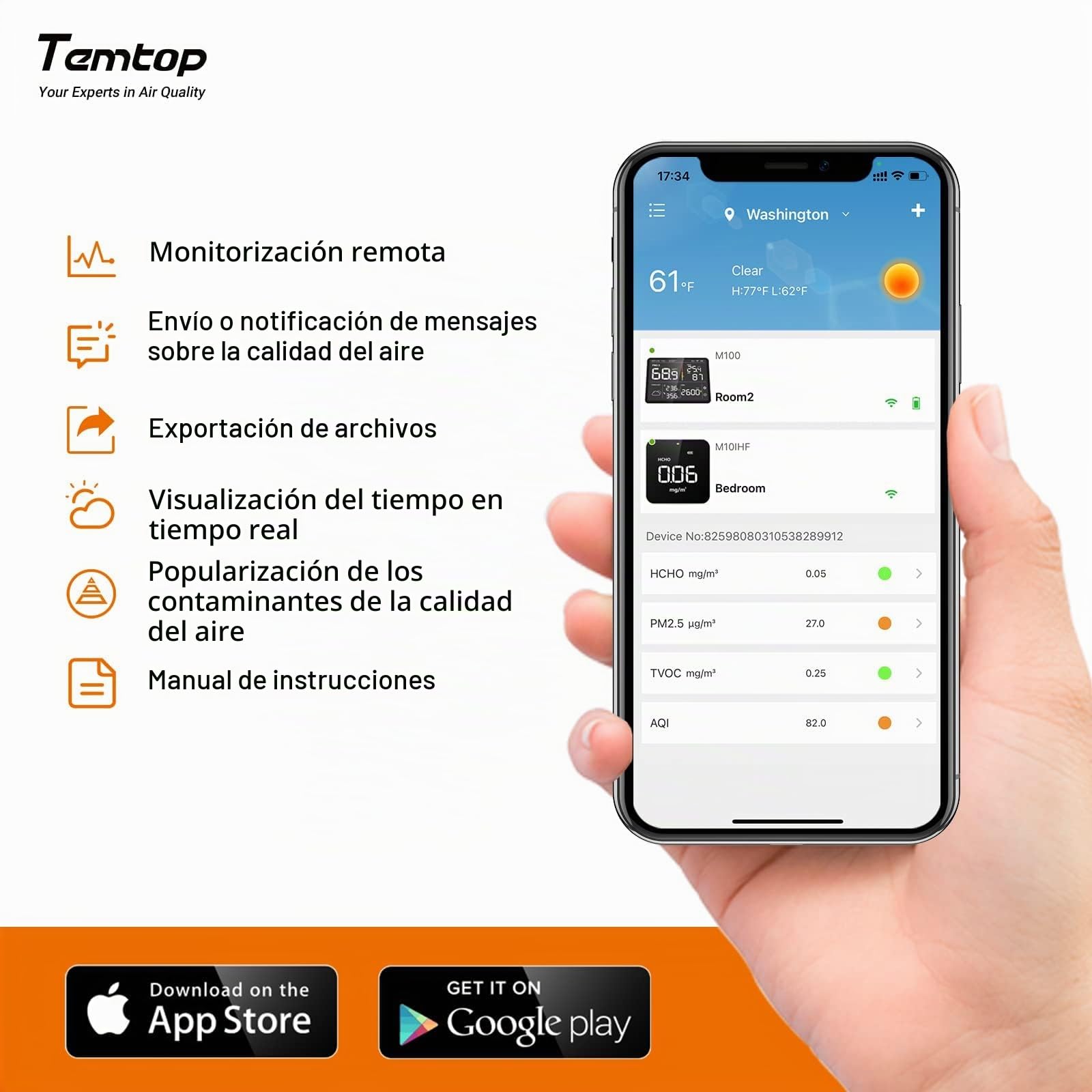 Temtop Monitor de Calidad del Aire Interior WIFI, Control de Calidad de Ambiente de su Hogar, Detector Prueba Precisa de PM2.5, HCHO, TVOC, AQI, Medidor de Calidad del Aire Portátil M10i