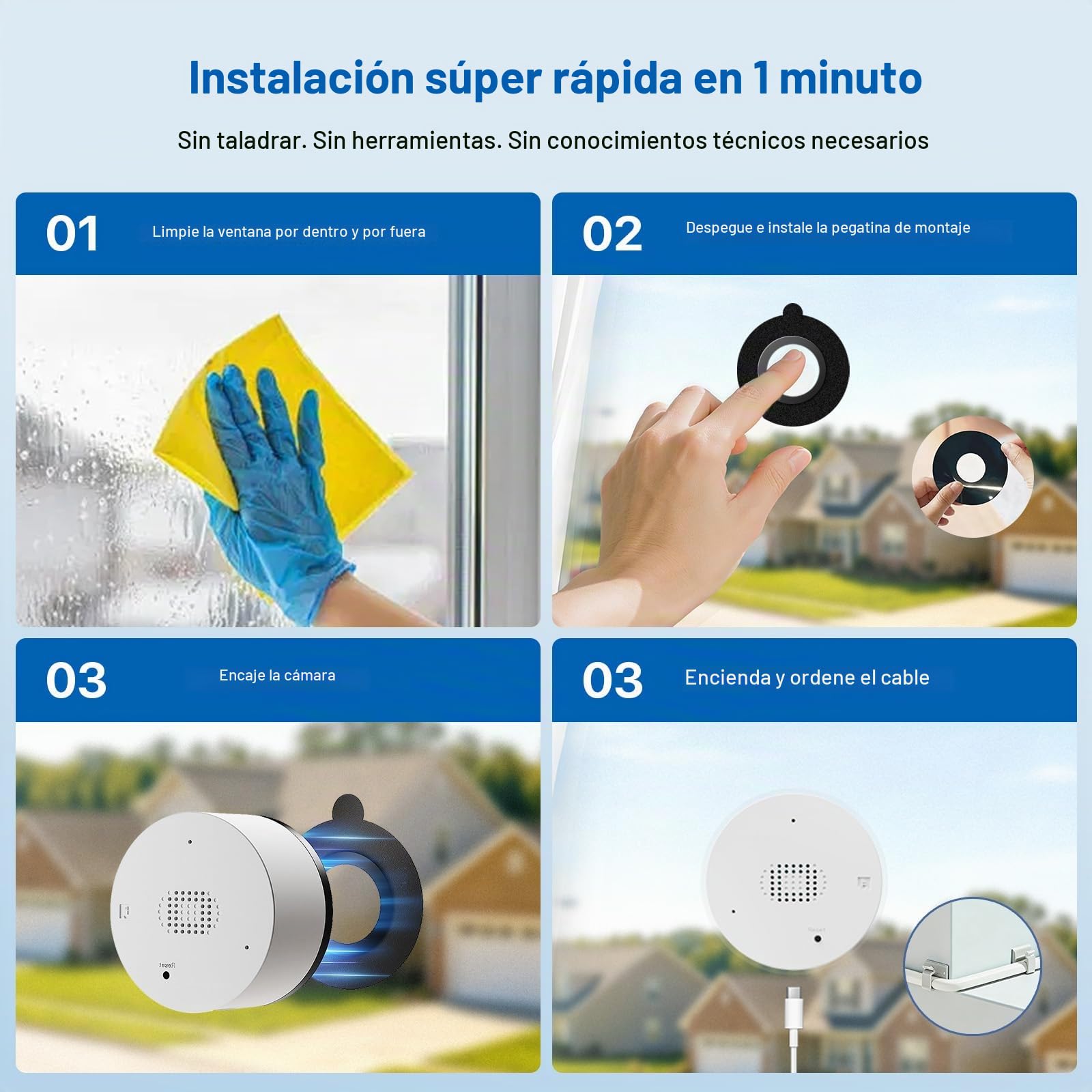 Cámara de Ventana 3MP 2K, WiFi 2.4GHz & 5GHz, Sin Taladros | Cámara Vigilancia Interior, Visión Nocturna en Color, Detección de Personas/Vehículo, Grabación 24/7, Antirreflejo