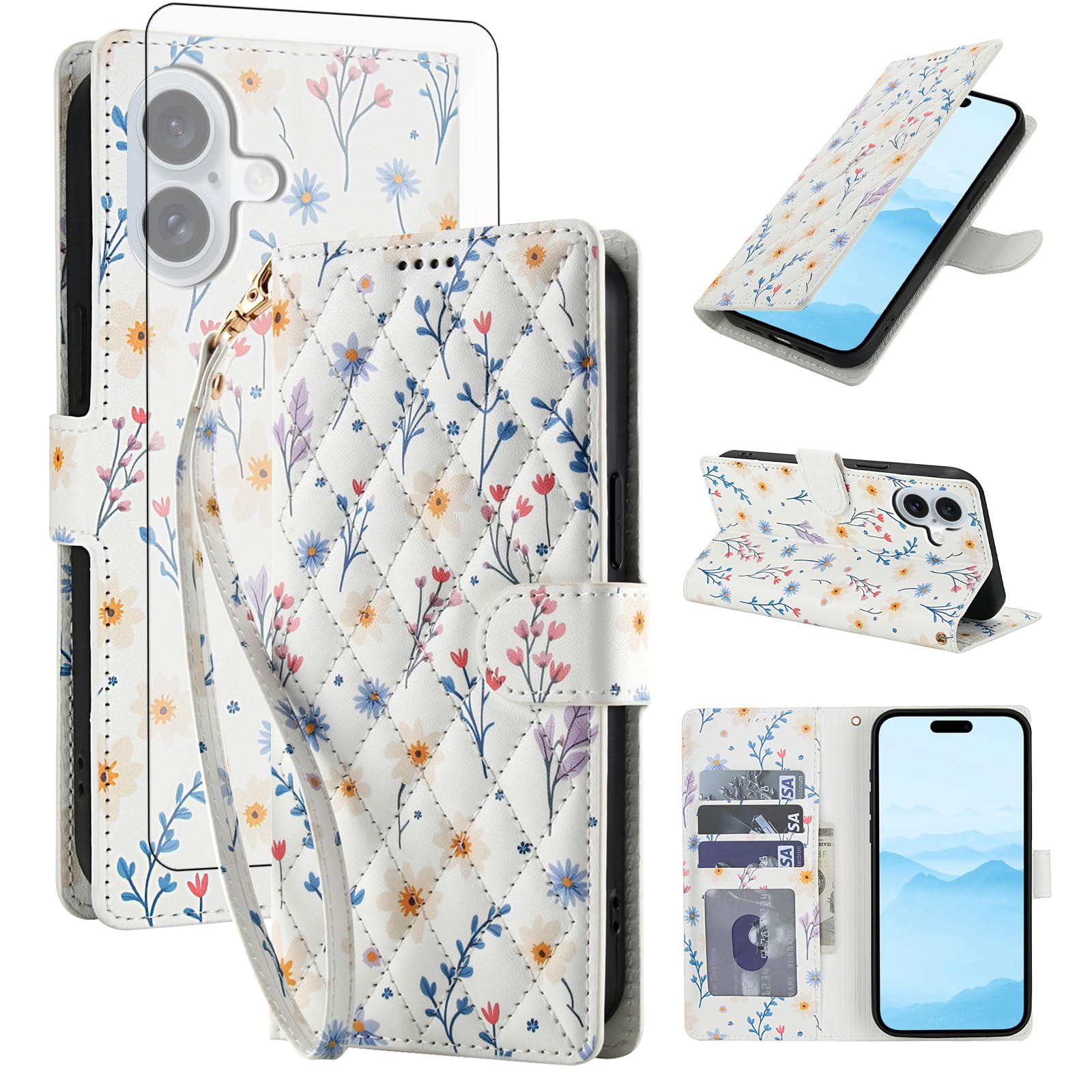 Coque iPhone 16 Plus avec protège-écran et porte-cartes fleuri - 8