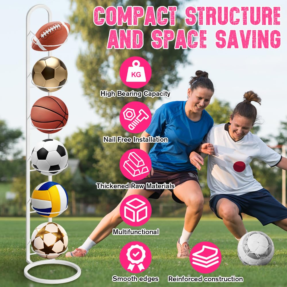 6 Strati Porta Palloni, Rastrelliera da Basket Verticale, Supporto per Palloni da Calcio, Scaffale di Stoccaggio Della Palla Rimovibile Scaffale di Stoccaggio di Attrezzature Sportive (Bianco)