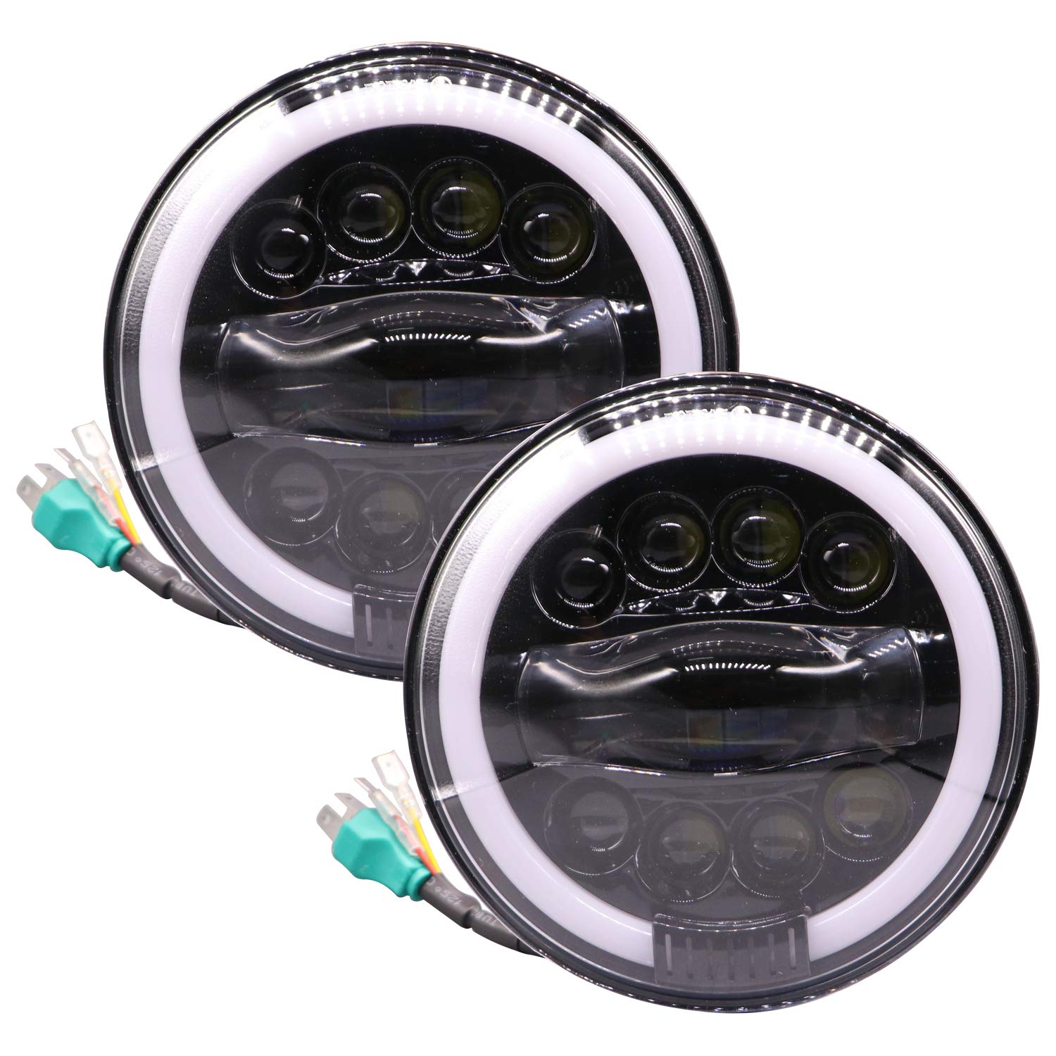 Allextreme EX9TH2P 7 Inch Full Ring Round LED Headlight with Hi/Low Beam Yellow & white Angel Eye Lamp Compatible with Bullet, Harley Davidson Jeep Wrangler (75W, Pack of 2)