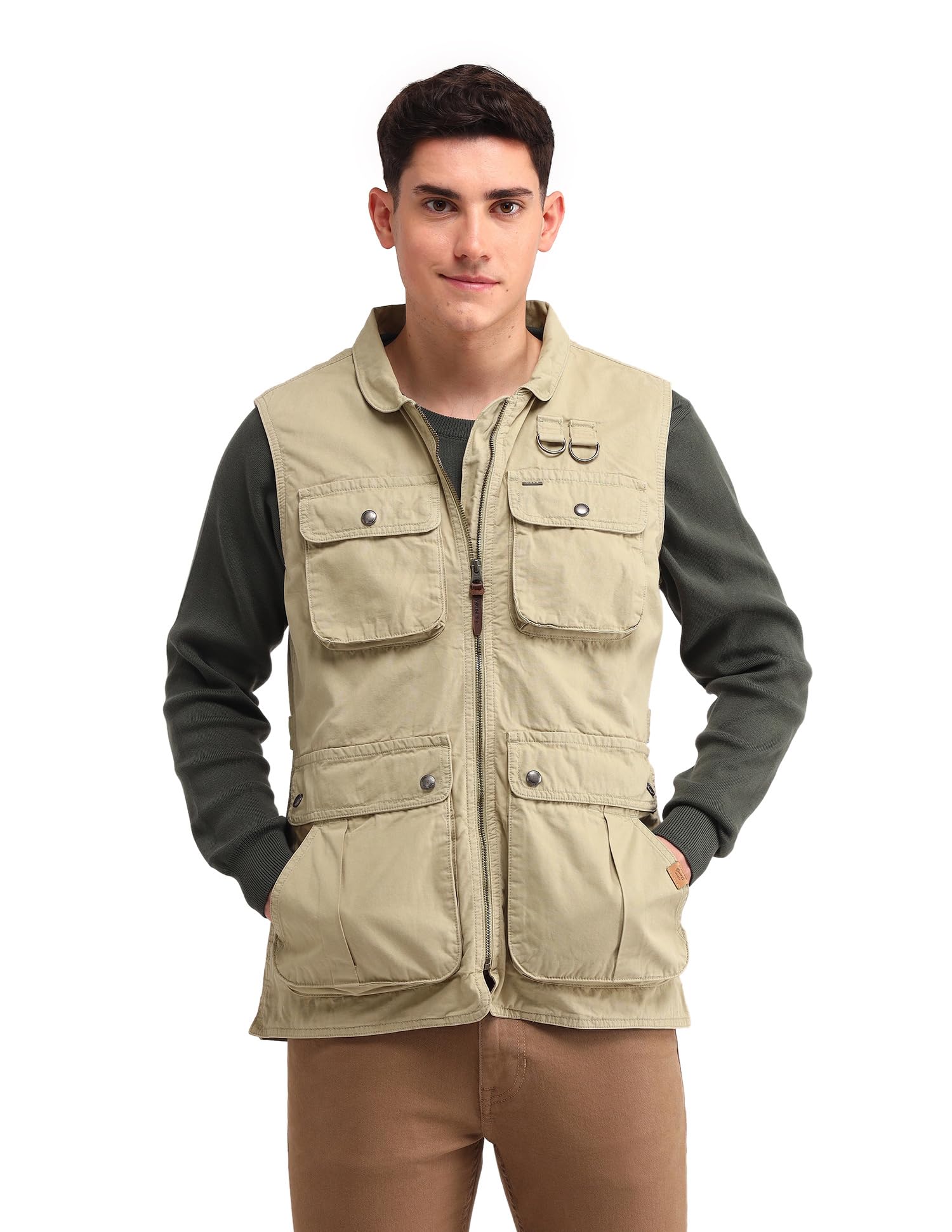 men's brown solid spread collar sleeveless casual cotton regular fit jacket