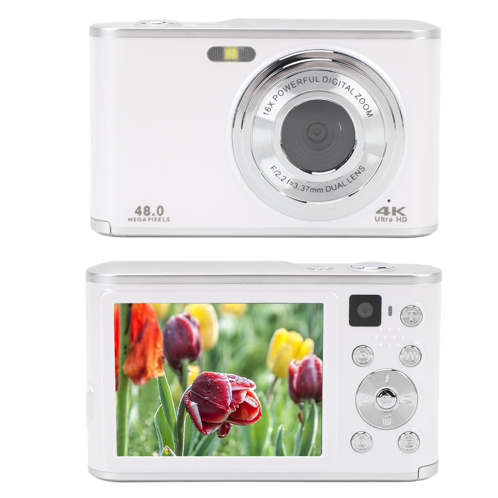 Aparat Cyfrowy, Ekran IPS 2,8 Cala, Aparat Cyfrowy 48 MP, Aparat do Vlogowania z 16-krotnym Zoomem Cyfrowym dla Początkujących Nastolatków (WHITE)