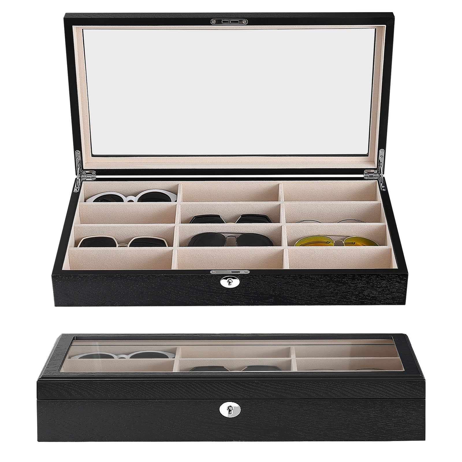 Brillenbox Brillenaufbewahrung Aufbewahrungsbox Sonnenbrillen Case von 12 Brillen Sonnenbrillen Aufbewahrungsbox Die holzkiste mit Schlüsselschloss brillenständer (12 Schlitze - Schwarzes Holz)