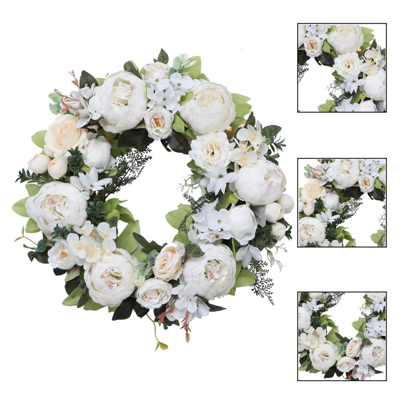 Ghirlanda Di Peonie Artificiali,Ghirlanda Primaverile in Fiori Di Seta E Plastica, Corona Di Pasqua Da 45 Cm Di Diametro per Matrimoni, Feste, Porte D'ingresso, Pareti, Finestre, Bianco