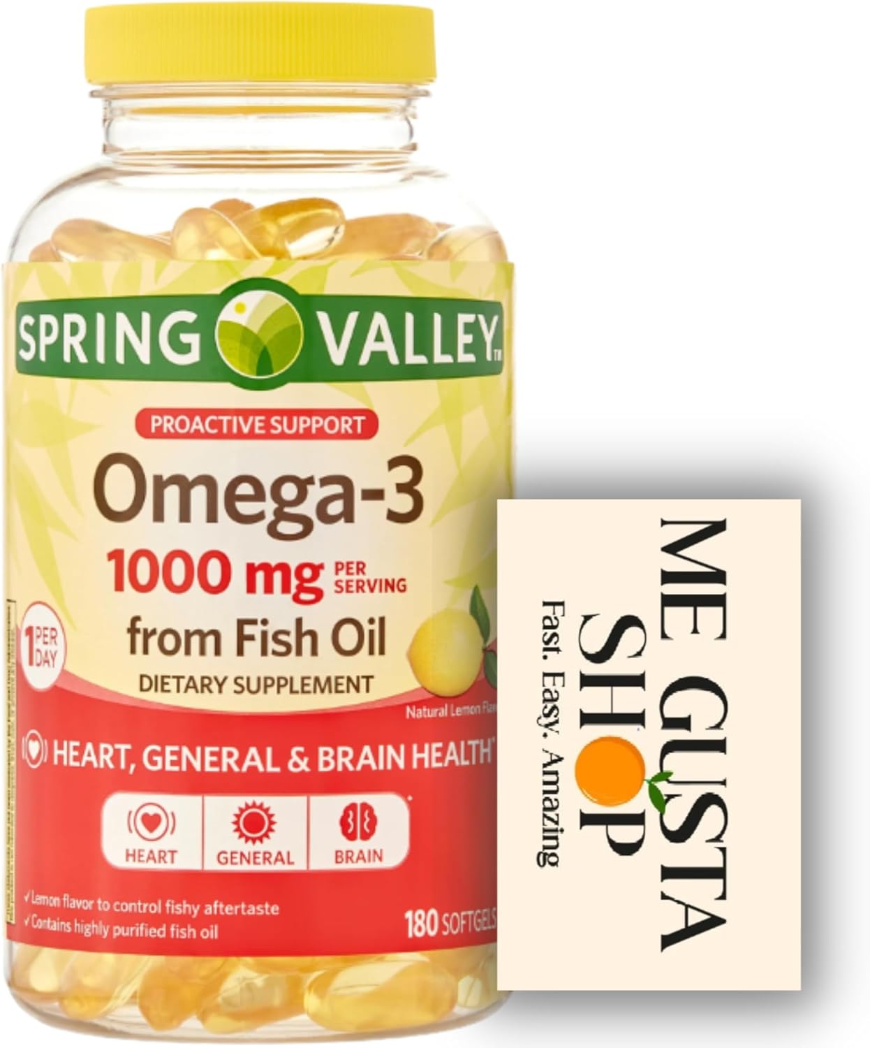 Spring Valley Omega-3 Fish Oil Soft Gels, 1000 mg, 180 Count + me gustas Sticker