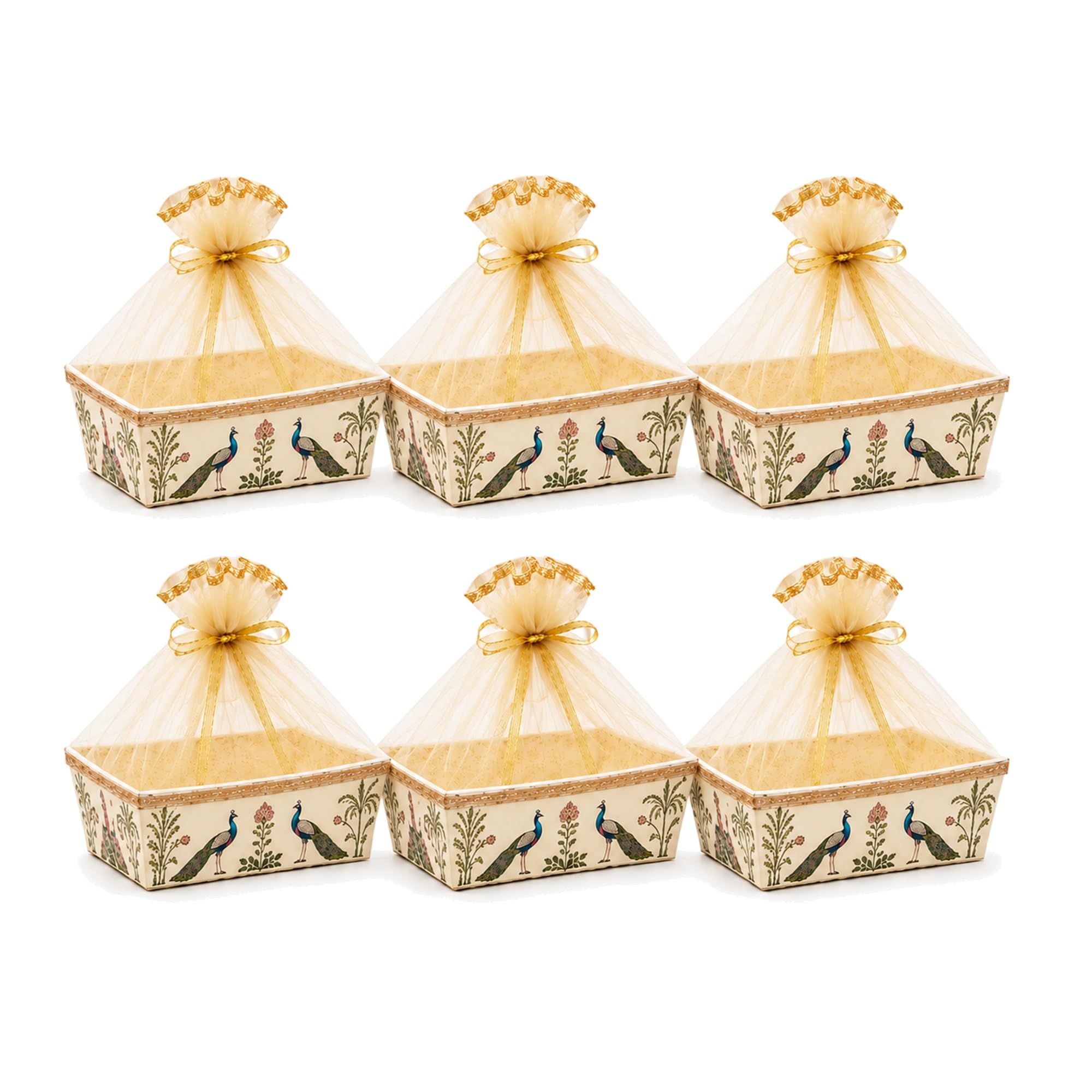 Fancy Baskets 6 Small Rectangle Dry Fruit Gifting Basket, Wedding Hamper Basket, Golden Festive Gifting, wedding return gift, Net Material, Pack of 6