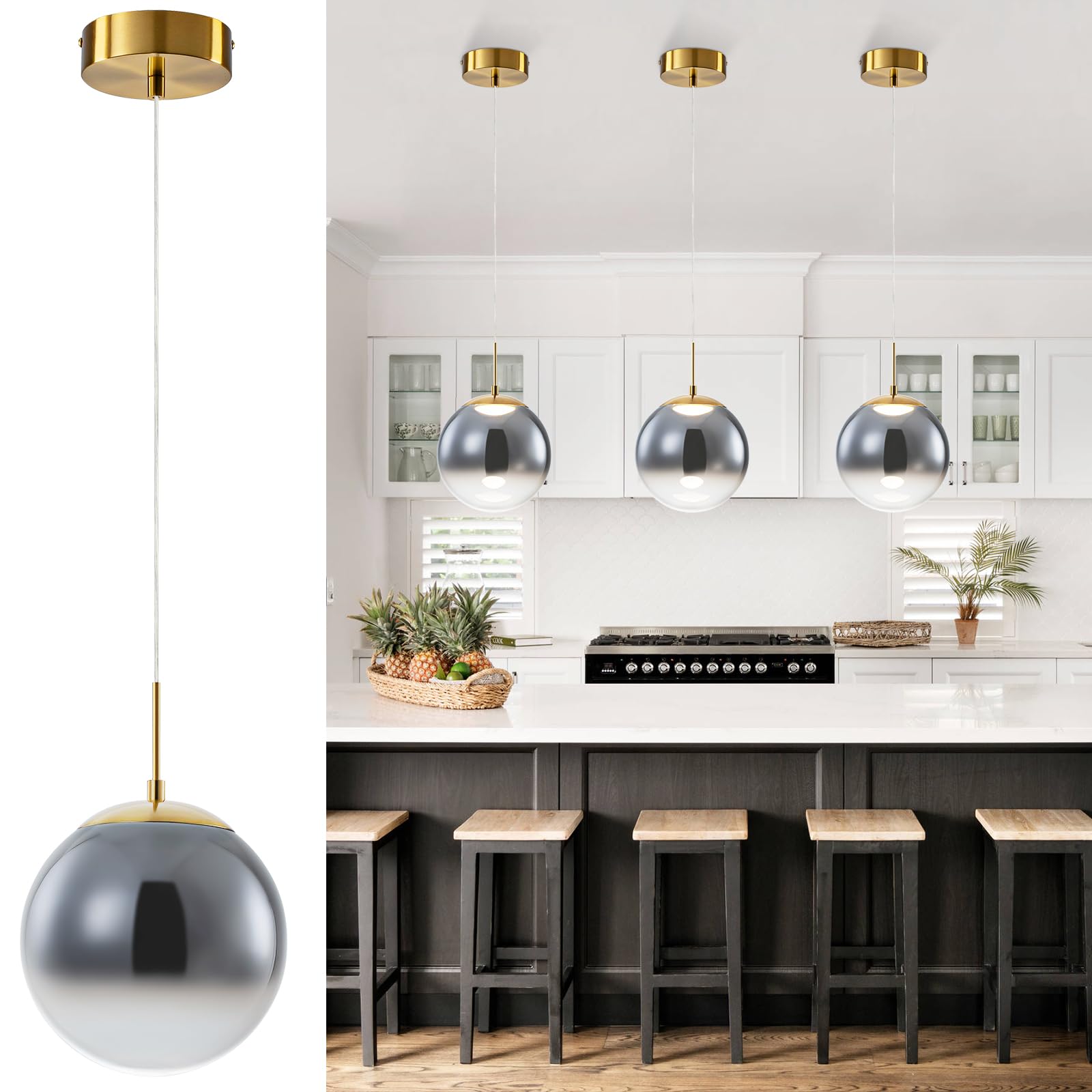 FORCOSO LED Pendant Light - Adjustable Hanging Lights with Globe Smoky Grey Gradient Glass Lampshade (ø20cm) Contemporary Pendant Light Fitting for Kitchen Island Dining Room Bedroom