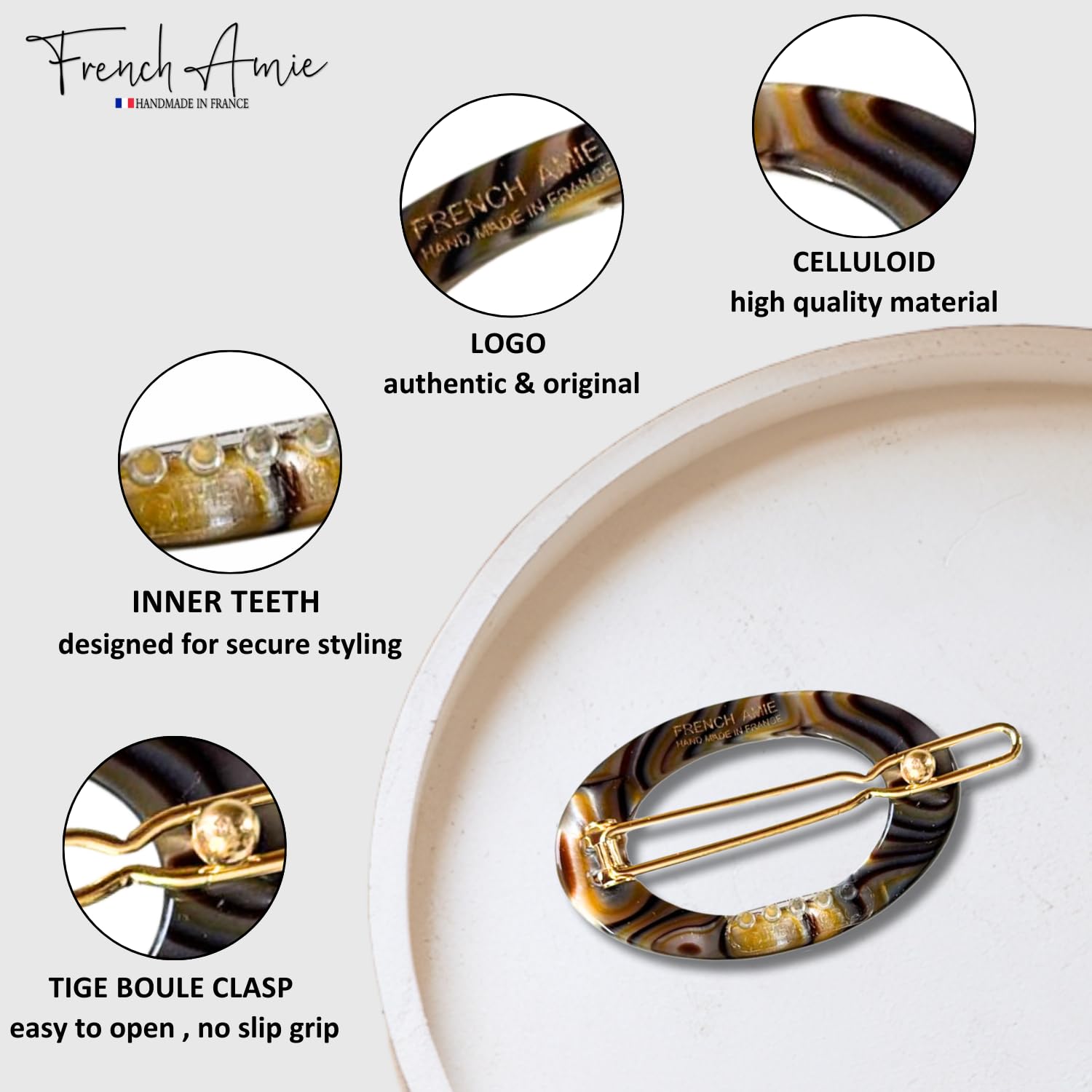 French Amie Oval Hoop Small 1 1/2” Onyx Celluloid Handmade Snap Hair Clips for Women Tige Boule Clasp Side Slide-in Barrette Clip Hair Accessories for Girl - 2 Pieces - Image 3