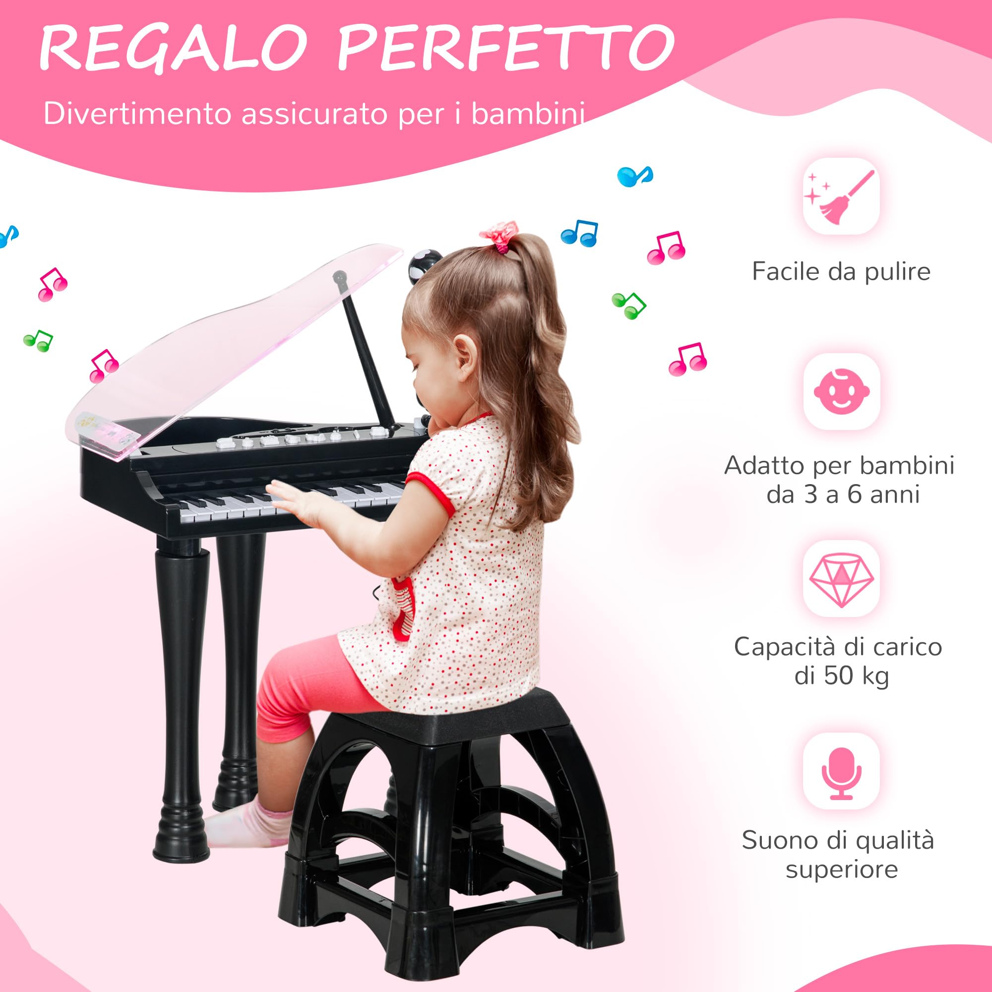 AIYAPLAY Pianoforte per Bambini a 32 Tasti con Microfono e Musiche Nero | Con Sgabello, Tastiera Pianoforte Giocattolo, Gambe Rimovibili