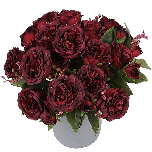 Artificial Peonies Silk Flowers, Burgundy Faux Peony Bouquet 4 Bundles