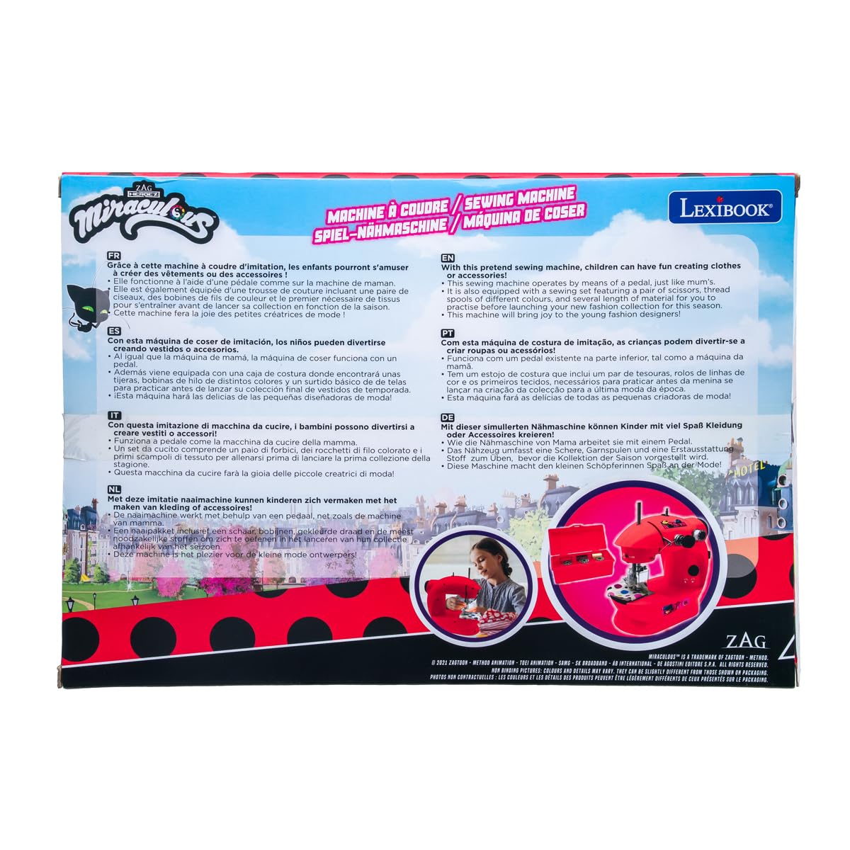 Lexibook Miraculous, Macchina da Cucire con Accessori, Luce e Pedale, Gioco d'imitazione per Ragazze, Gioco di Moda Fashion Design, SW100MILXB