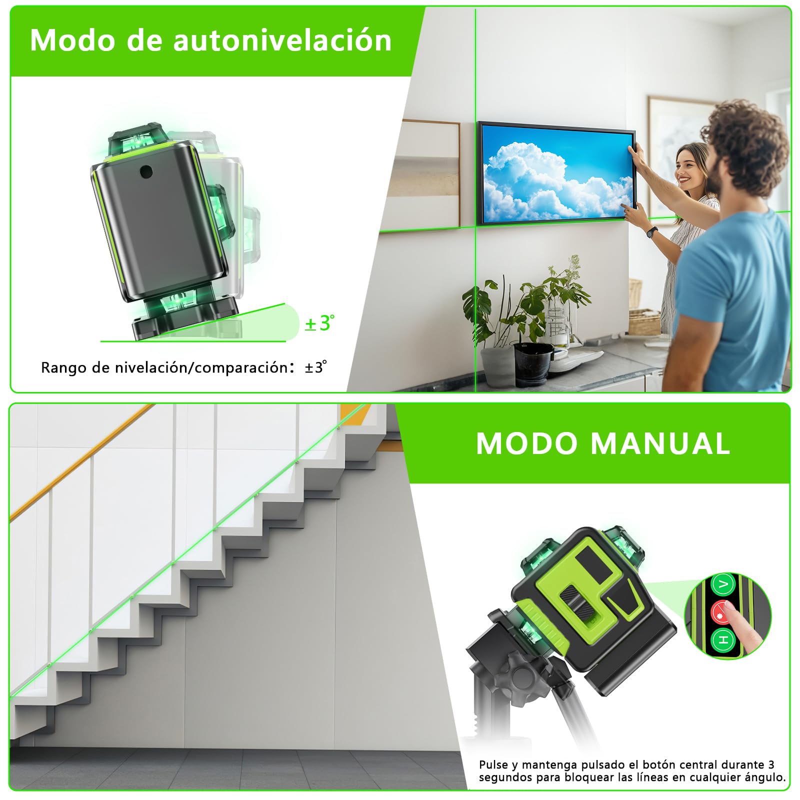 Nivel Laser Autonivelante 360 Grados, Nivel Láser Verde 16 Líneas, 2 x 360 Horizontal y 2 x 360 Verticales, 2 x Batería, Montaje en Pared, Control Remoto, Base Magnética, Soporte Giratorio, Trípode