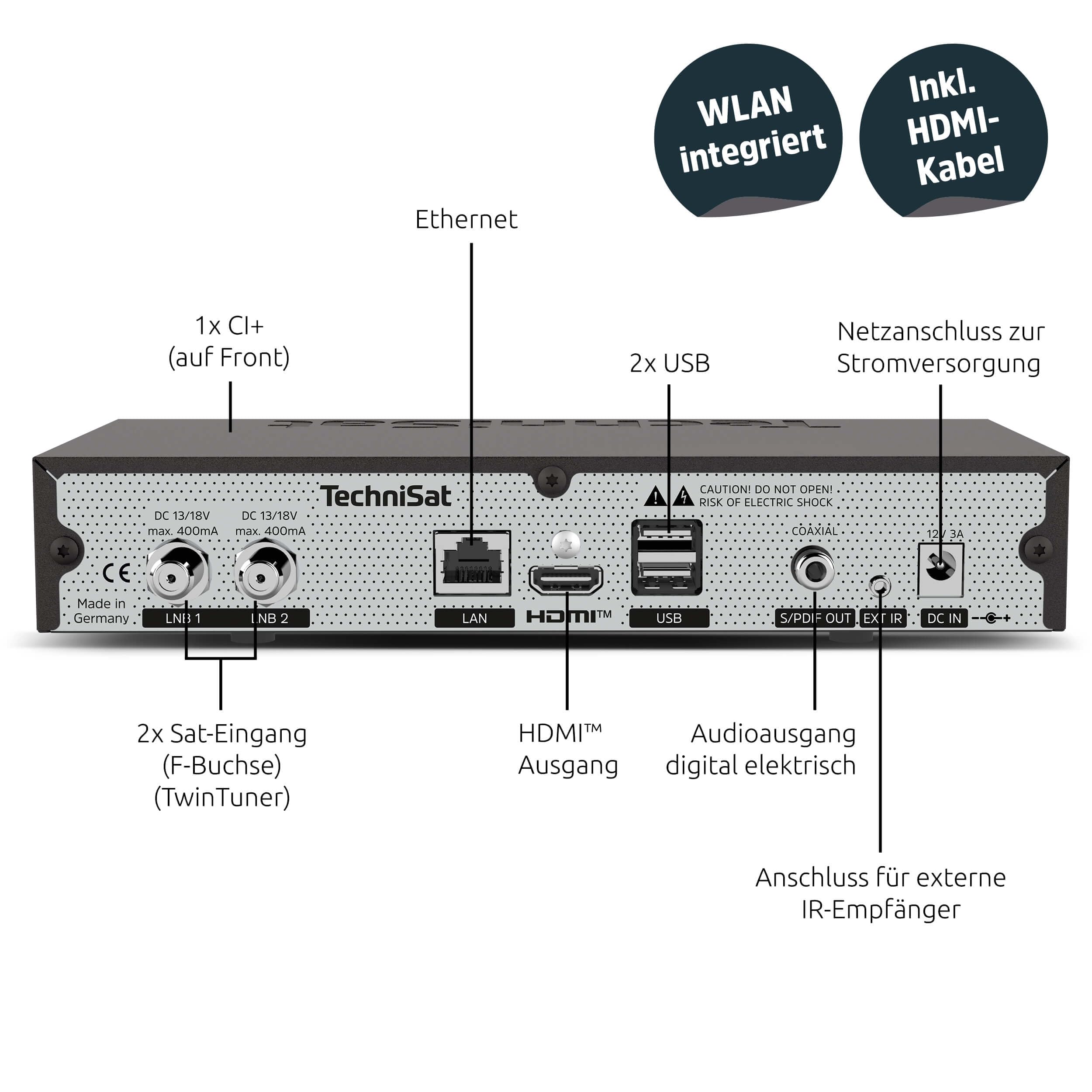 TechniSat DIGIPLUS UHD S2-4K Sat Receiver mit alphanumerischem Display und Twin Tuner (DVB-S/DVB-S2, HEVC, H.265, PVR Aufnahmefunktion, WLAN, LAN, CI+, USB, OLED) schwarz