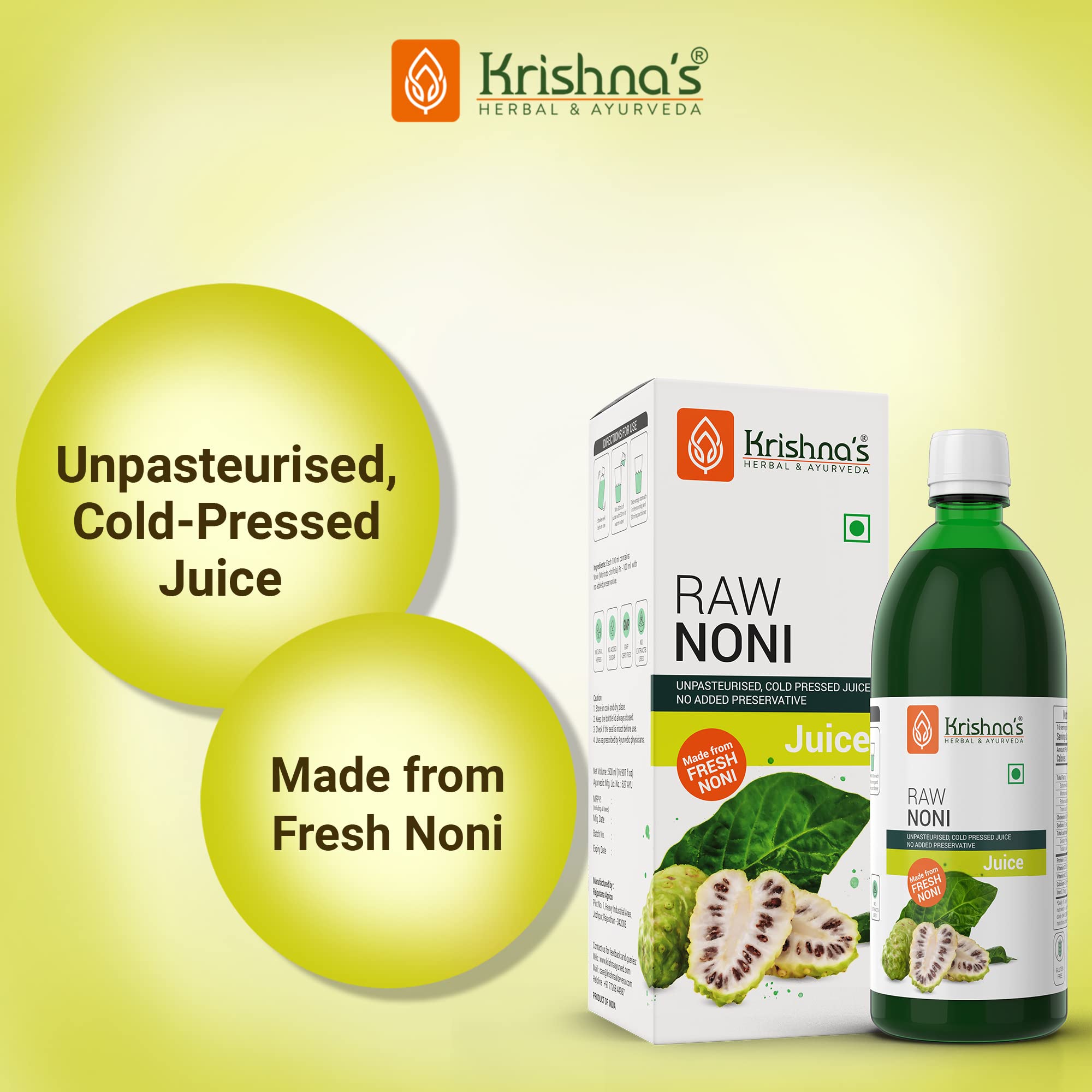 KRISHNA'S HERBAL & AYURVEDA Raw Noni Juice-1000 Ml|Preservative Free|No Added Thickener Color Or Flavor|Sugar Free Juice|Enhance Energy|Made With Fresh Noni Fruit (Morinda Citrifolia)
