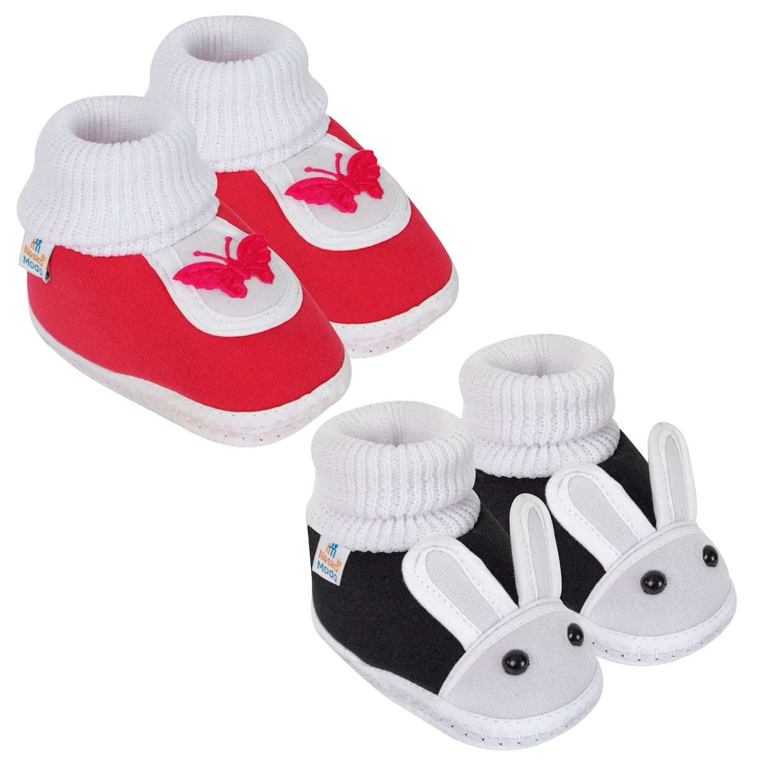 6 To 12 Months Baby Boys & Baby Girls Cotton Rabbit Booties (Black,Red) -SK128andSK133-image-2