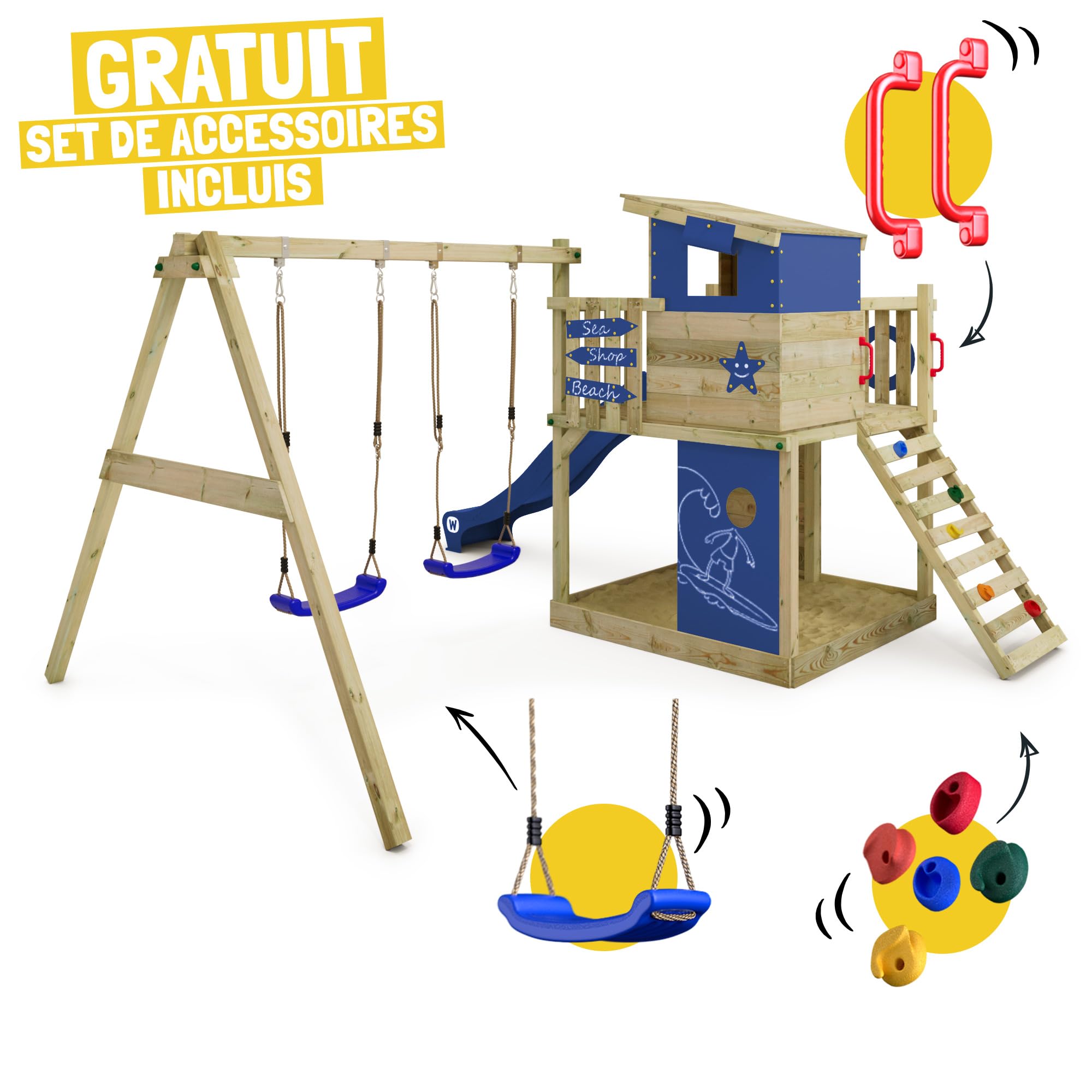 WICKEY Aire de Jeux Smart Camp portique en Bois avec balançoire et Toboggan Bleu, Tour d'escalade pour Enfants avec bac à Sable, échelle et Accessoires de Jeu pour Le Jardin.