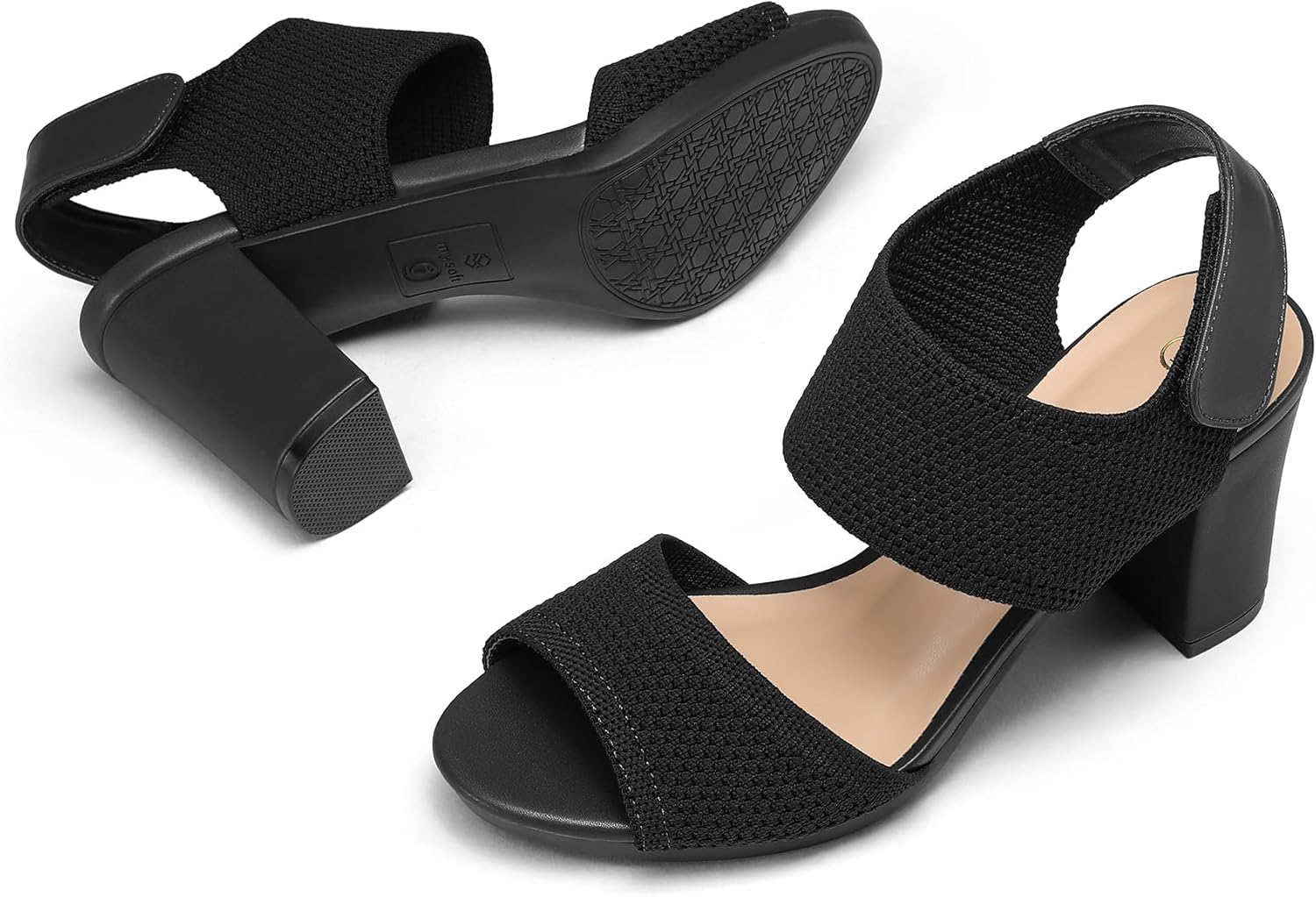 mysoft Women's Chunky Block High Heels Elastic Knit Open Toe Slingback Heeled Sandals - Image 5