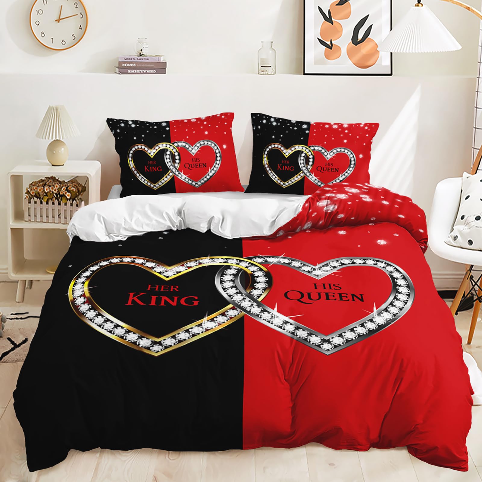 AILONEN Red and Black Mr Mrs Duvet Cover Set King Size,King and Queen Couple Lover Bedding Set,Hearts Printed Quilt Cover with 2 Pillowcases,3Pcs