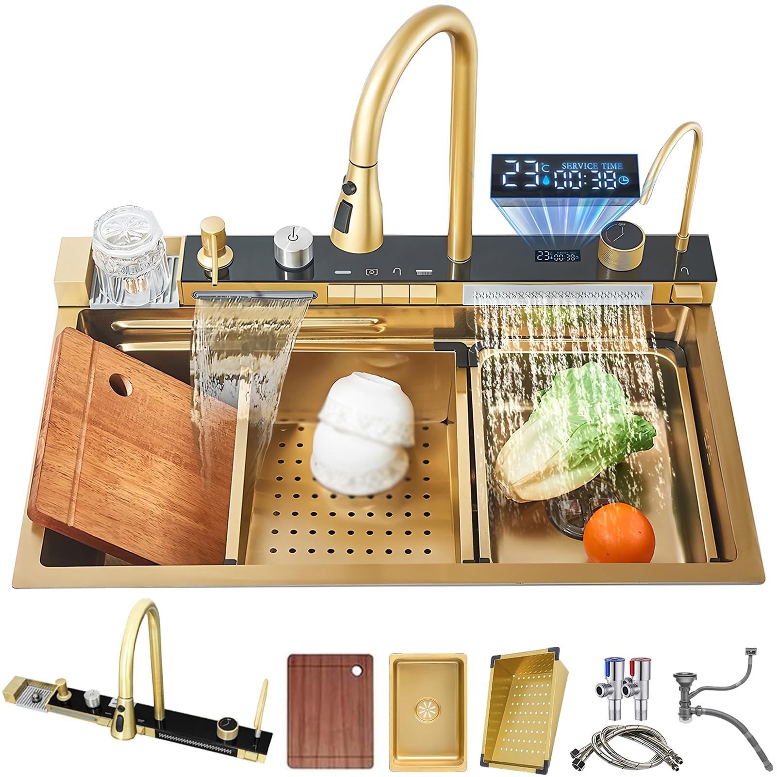 ZQFHSX Smart Kitchen Sink with Temperature Display Stainless Steel Workstation Cup Washer Nano-Coated Single Bowl Dual Waterfalls(Gold,75x45x21cm)