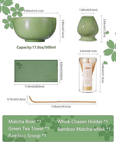 Miniatura 6 de ZENS Juego de batidor de matcha, juego de 5 piezas de matcha que incluye cuenco verde esmeralda, batidor de bambú hecho a mano y soporte de Chasen