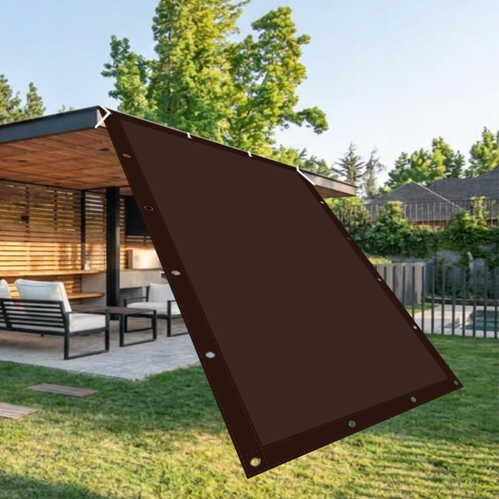 Prostokątna tkanina cieniująca 110 x 600 cm odporna na promieniowanie UV tkanina cieniująca na zewnątrz Pes poliester, z pierścieniami do wciągania na zewnątrz patio piasek ogrodowy, brązowy