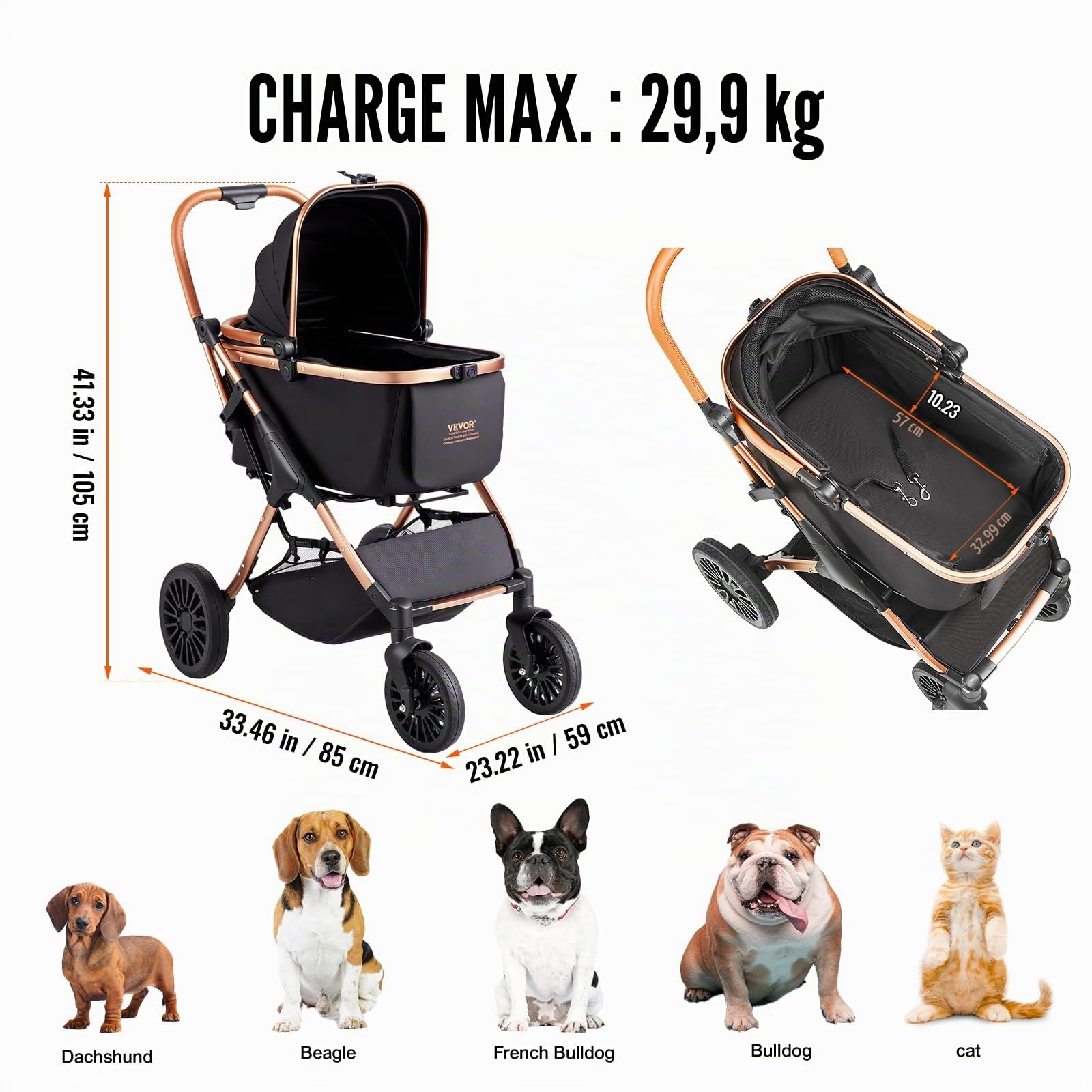 VEVOR Poussette pour Chien Animaux de Compagnie 4 Roues Pivotantes avec Freins Capacité de Charge 30 kg Poussette Chat Support Amovible Panier Rangement Coussin pour Chiens Petite/Moyenne Taille, Noir