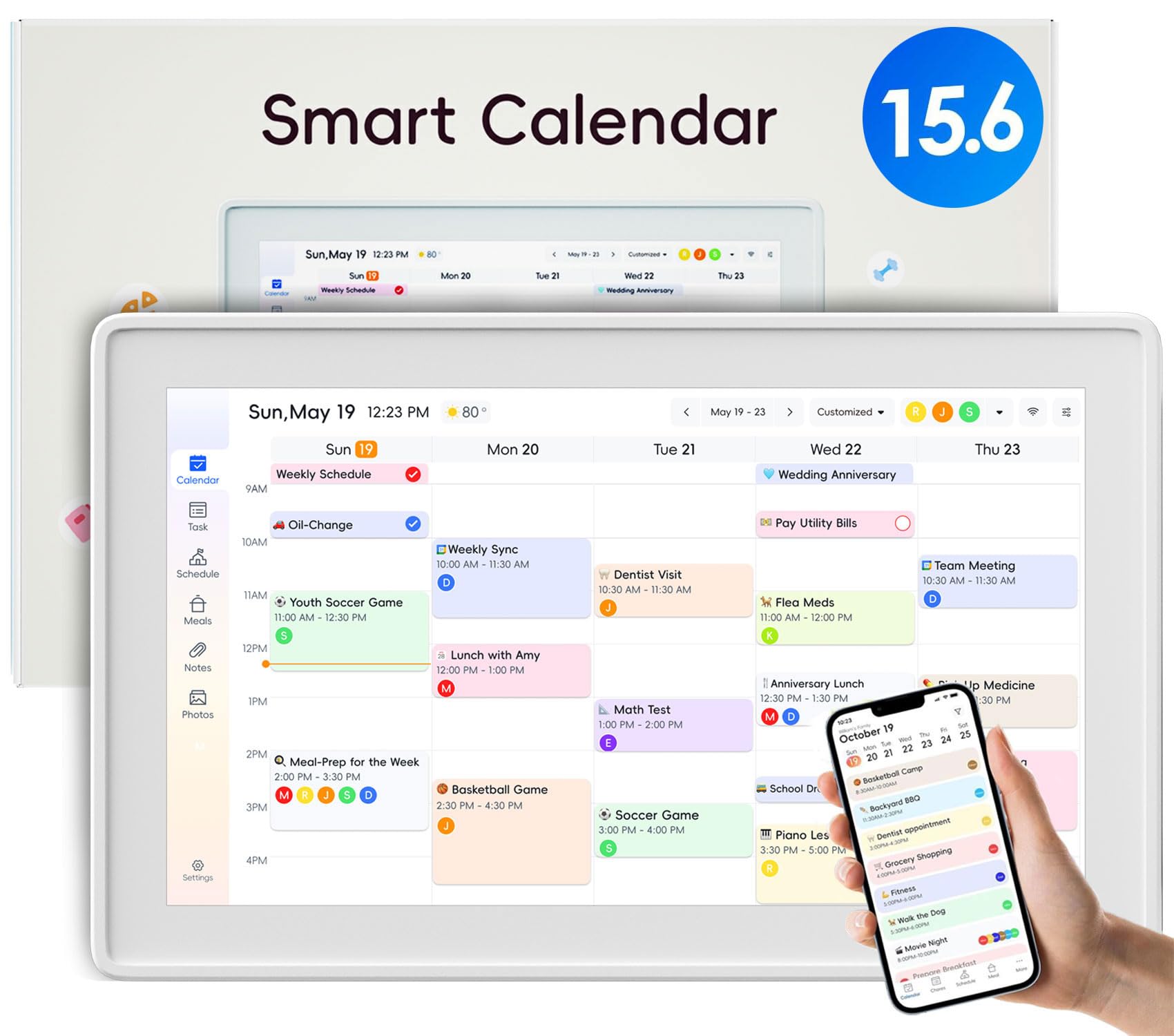 Inteligentny kalendarz cyfrowy 39.6 cm, planer ścienny i organizer rodzinny, wykres zadań z ekranem dotykowym, planowanie posiłków i zadań, łatwa synchronizacja Wi-Fi, bez subskrypcji, wyświetlacz do