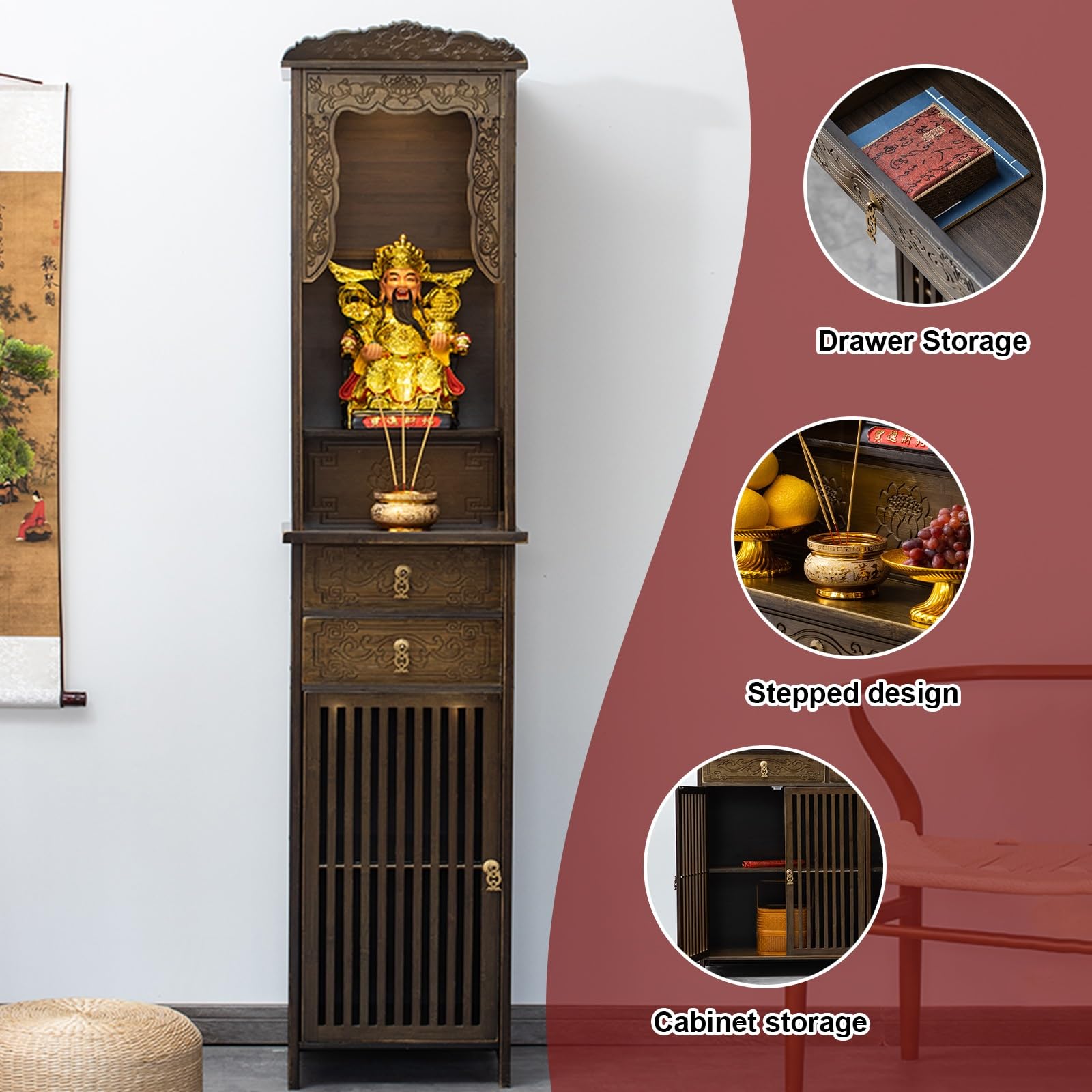 Mesa Auxiliar China con Pedestal, Ideal para ofrendas, meditación y con Espacio de Almacenamiento, Sala de Estar o Estudio (40 x 36 x 186 cm).